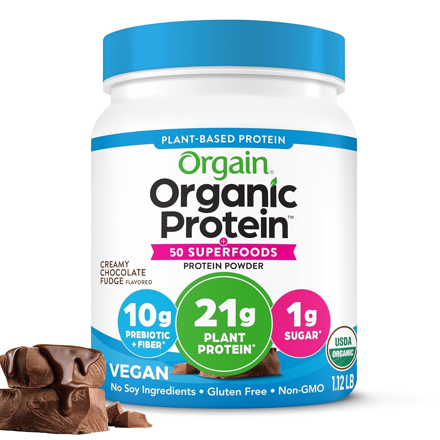 Organic Vegan Protein + 50 Superfoods Powder, Creamy Chocolate Fudge - 21G Plant Based Protein, 10G Prebiotic Fiber, No Lactose Ingredients, Gluten Free, No Added Sugar, Non-Gmo, 1.12 Lb