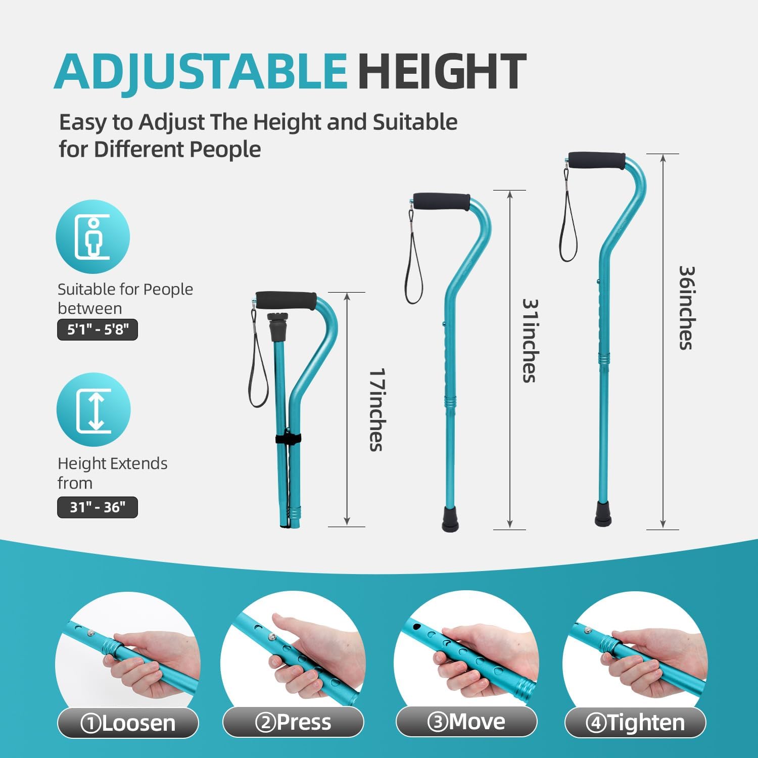 Bastón ajustable para hombres y mujeres con mango suave y acolchado, portátil, ligero y resistente, ayuda para la movilidad para personas mayores, bastón plegable.