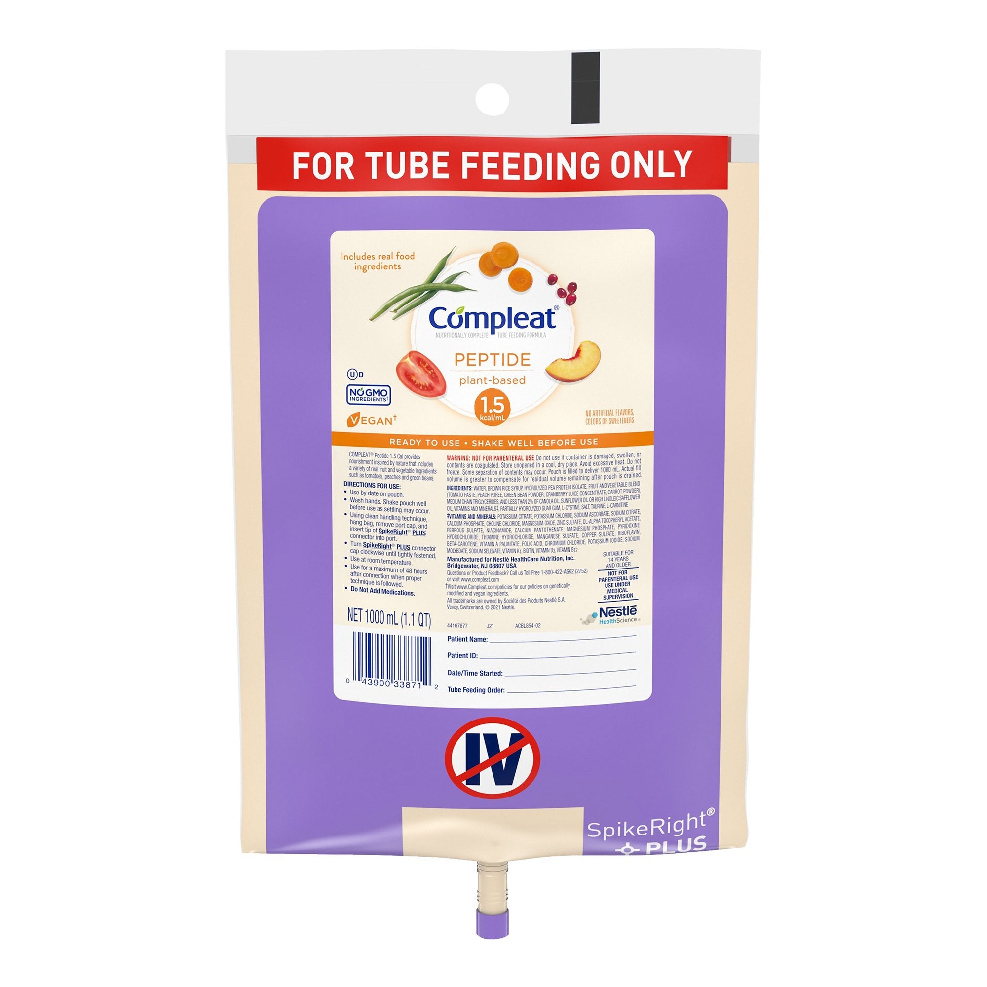 Tube Feeding Formula Compleat® Peptide 1.5 Unflavored Liquid 1000 mL Ready to Hang Prefilled Container