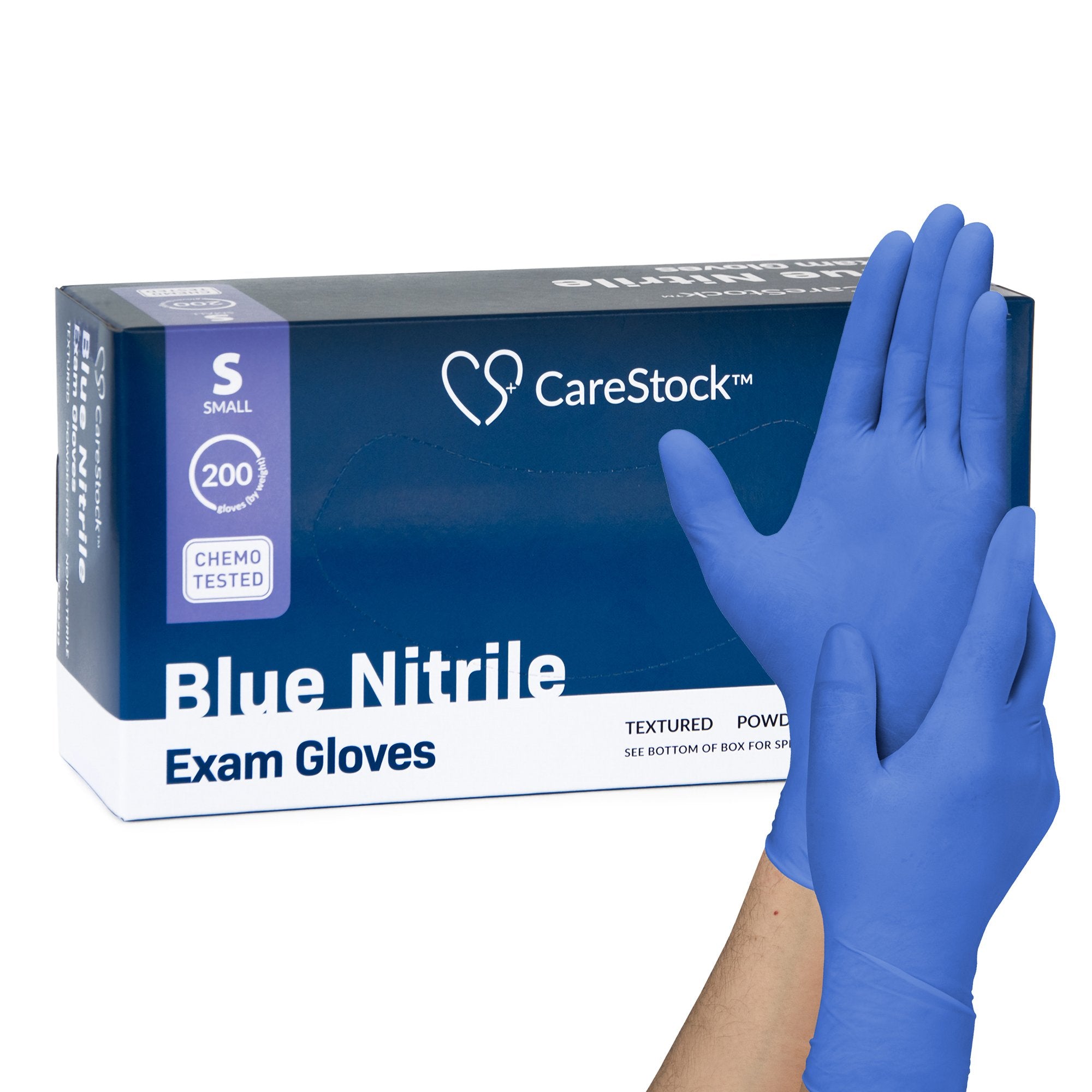 Exam Glove CareStock Small NonSterile Nitrile Standard Cuff Length Textured Fingertips Blue Chemo Tested, Packaging Type- Box