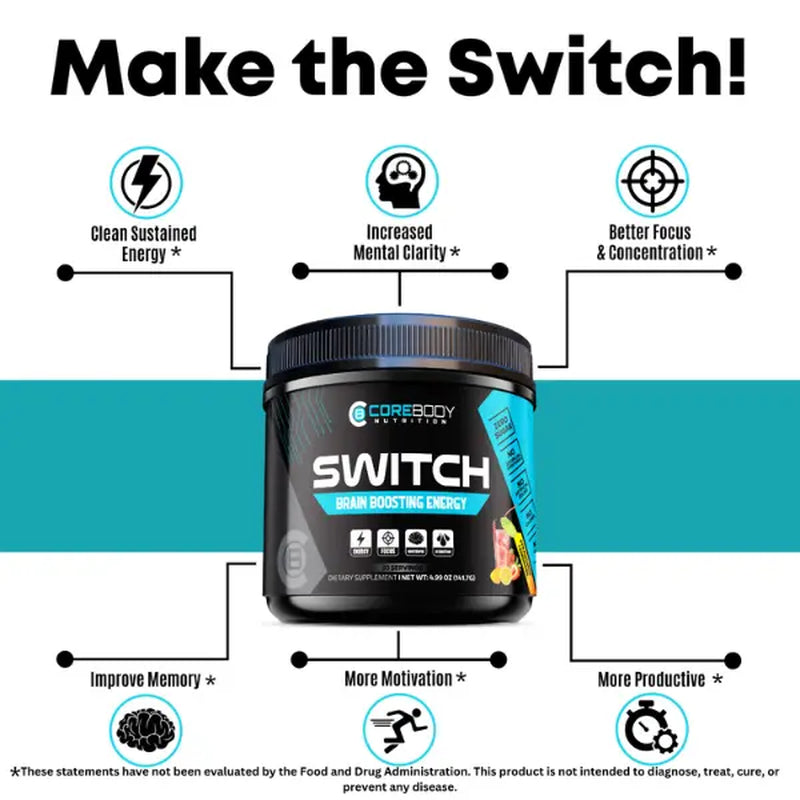 Switch Clean Energy and Focus Drink Mix | Clean Preworkout, Calm L-Theanine, Ashwagandha