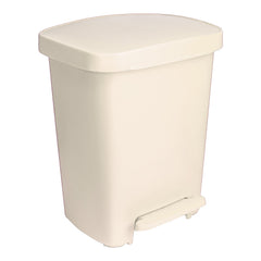 Beige plastic pedal operated trash bin.