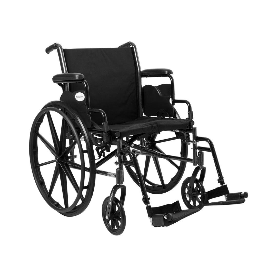 Lightweight Wheelchair McKesson Dual Axle Desk Length Arm Swing-Away Footrest Black Upholstery 20 Inch Seat Width Adult 300 lbs. Weight Capacity, Packaging Type - Each