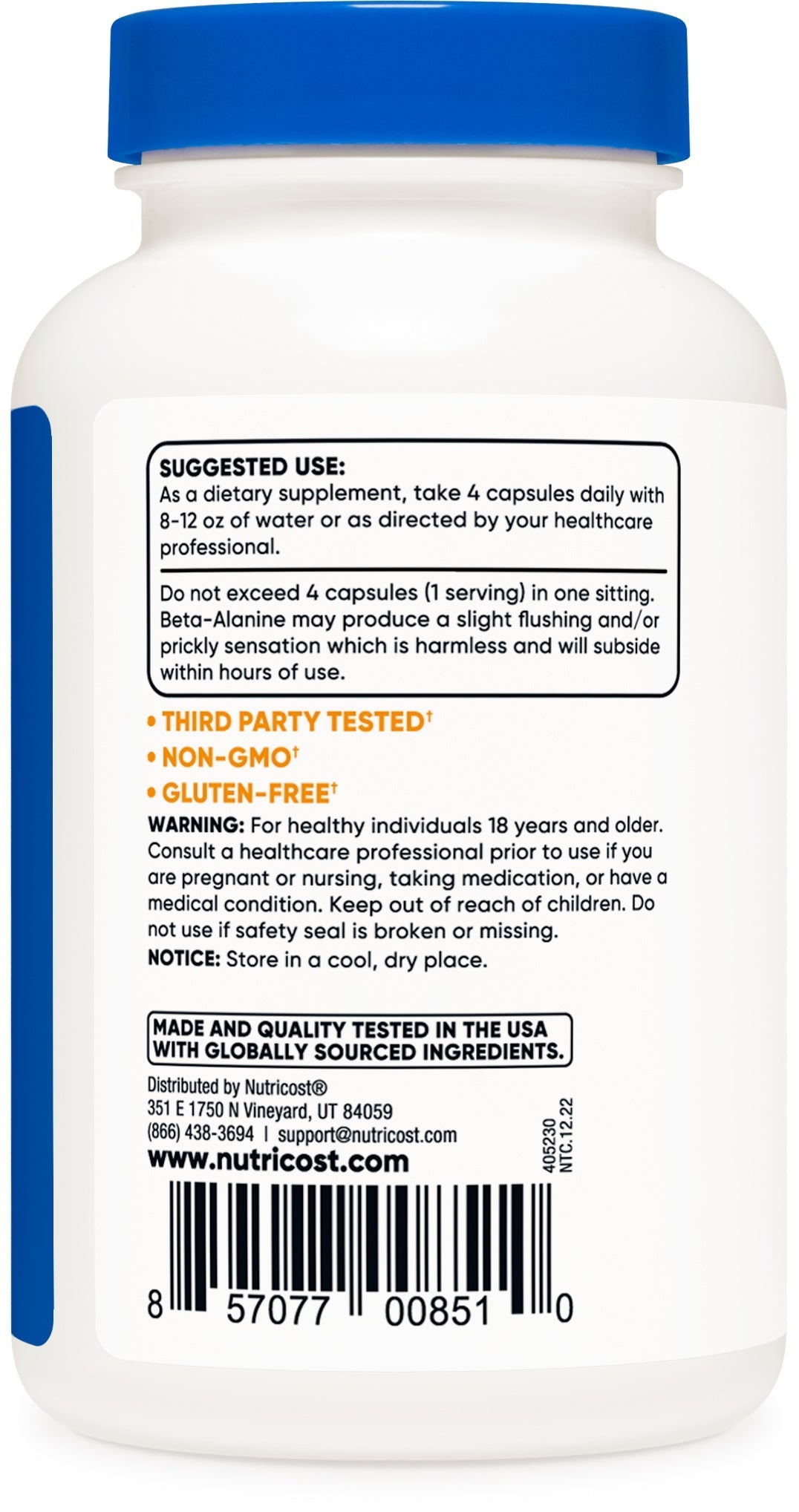 Beta Alanine Supplement 120 Capsules, 30 Servings, 3,400Mg per Serving