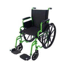 adult green wheelchair with footrests and large rear wheels