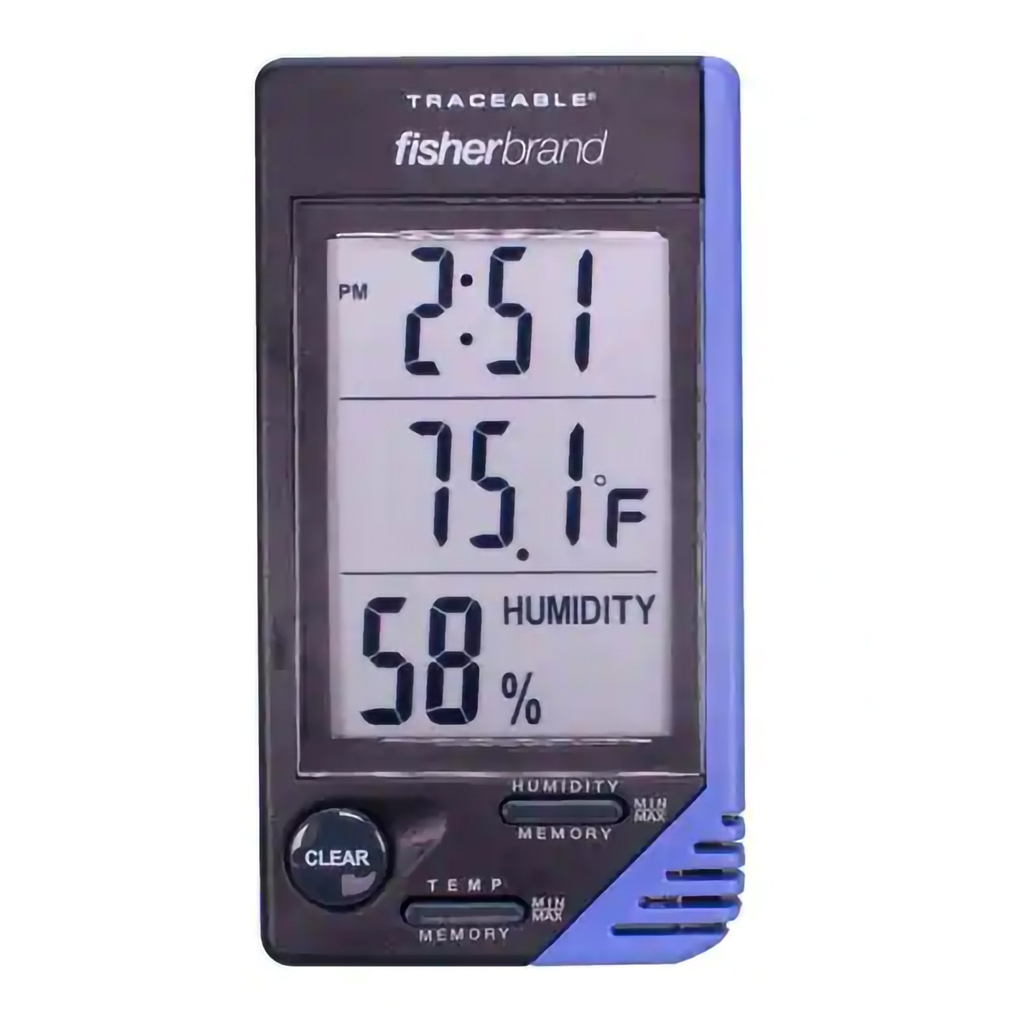 Thermometer / Clock / Humidity Monitor Fisherbrand™ Traceable® Fahrenheit / Celsius 32° to 122°F (0° to 50°C) Internal Sensor Flip-out Stand / Wall Mount Battery Operated