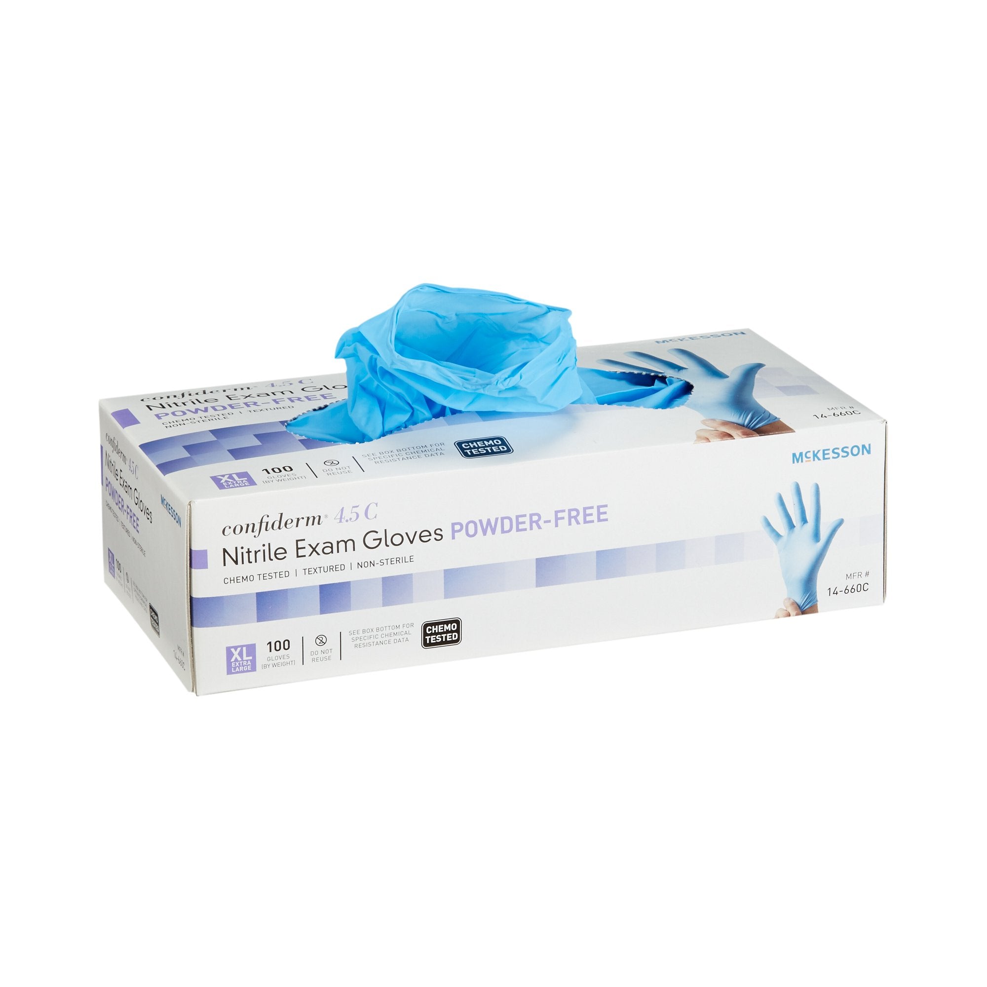 Exam Glove McKesson Confiderm 4.5C X-Large NonSterile Nitrile Standard Cuff Length Textured Fingertips Blue Chemo Tested, Packaging Type- Case