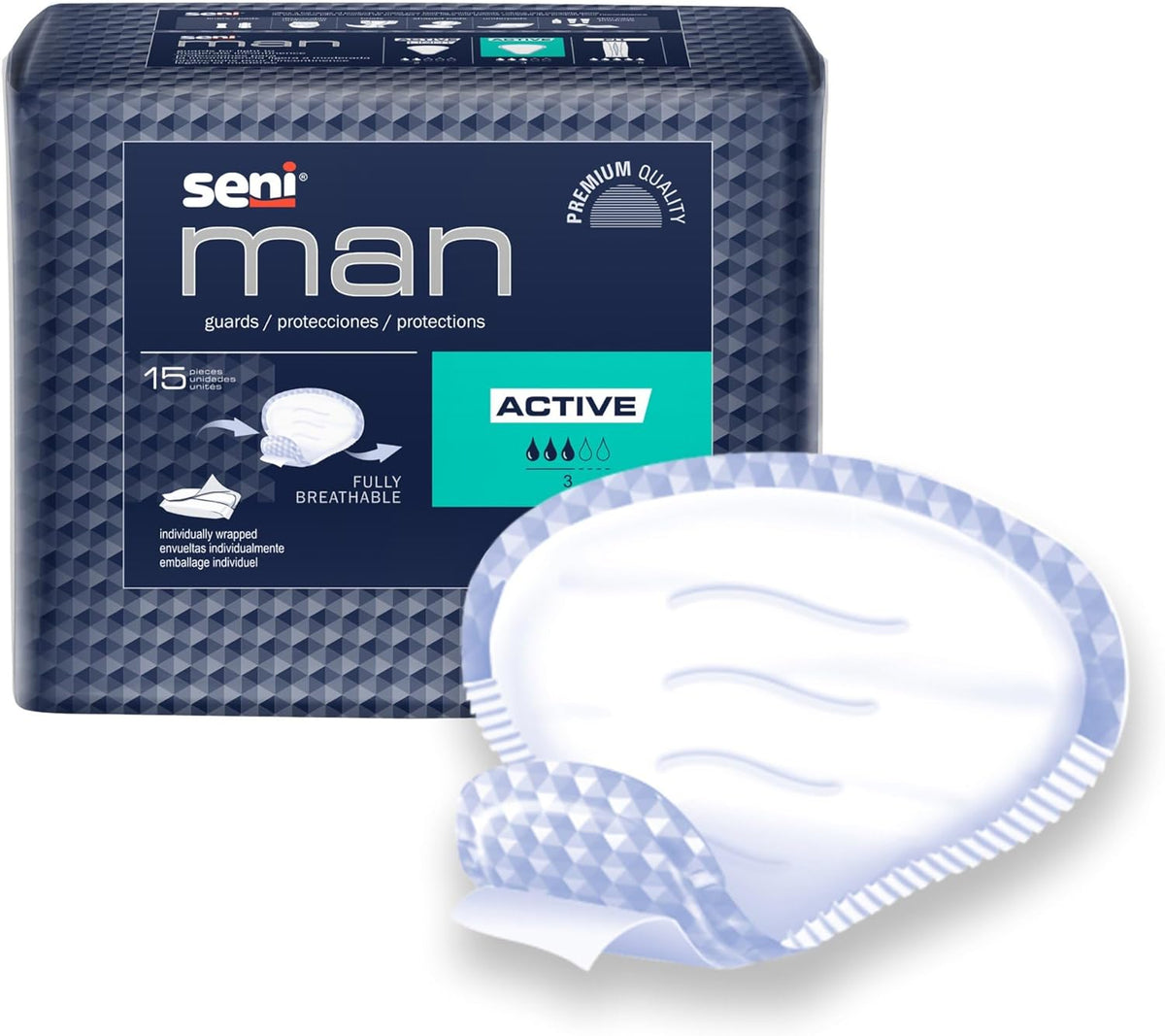 bladder control pad seni man active 8 9 10 x 10 3 5 inch moderate absorbency super absorbent core one size fits most packaging type case