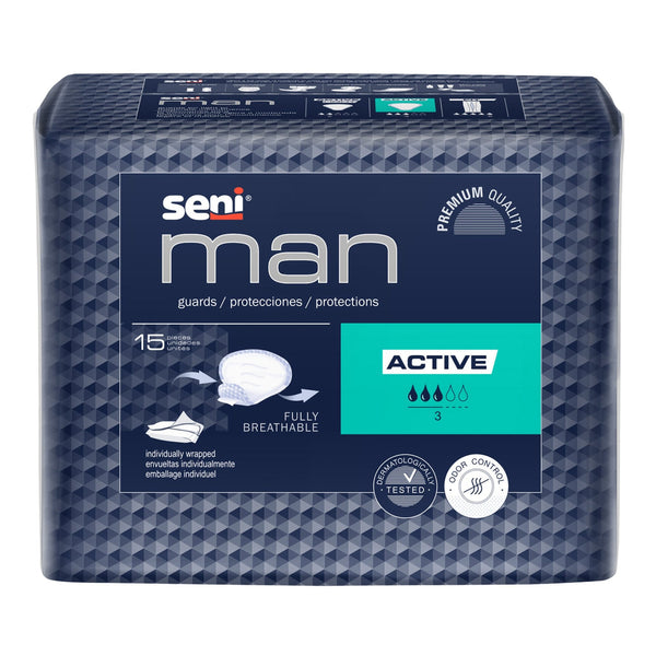 Bladder Control Pad Seni Man Active 8 9/10 X 10 3/5 Inch Moderate Absorbency Super Absorbent Core One Size Fits Most