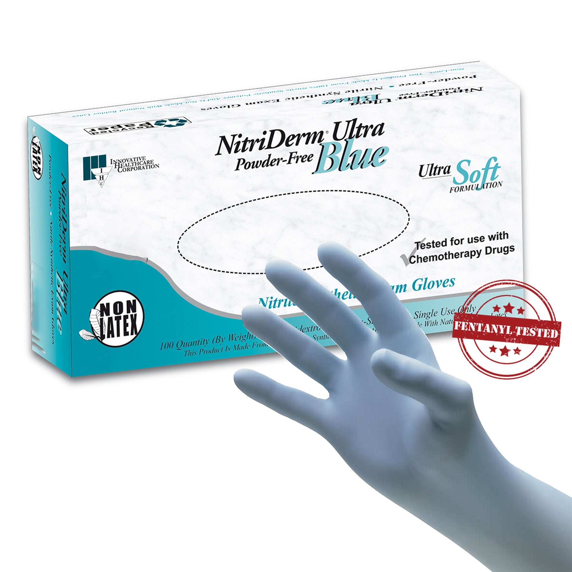 Exam Glove NitriDerm Ultra Blue Medium NonSterile Nitrile Standard Cuff Length Fully Textured Light Blue Chemo Tested / Fentanyl Tested, Packaging Type- Box