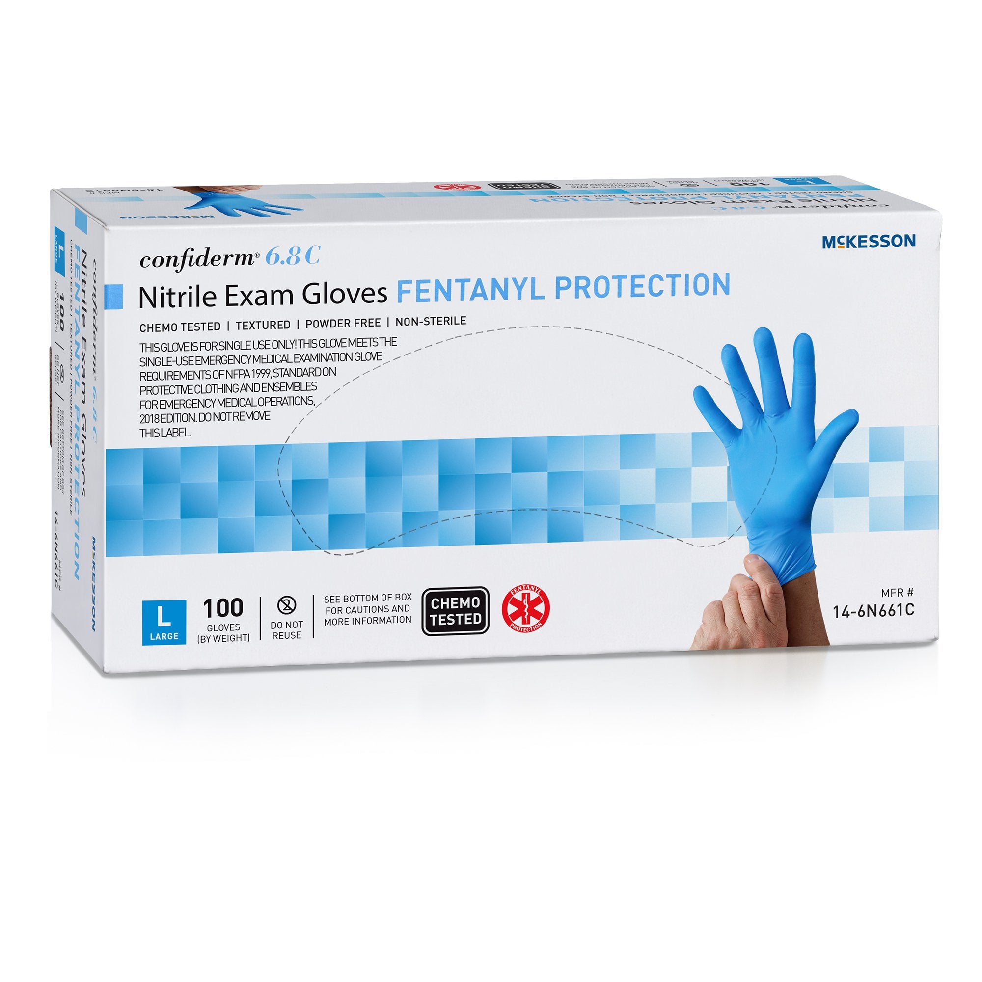 Exam Glove McKesson Confiderm 6.8C Large NonSterile Nitrile Standard Cuff Length Fully Textured Blue Chemo Tested / Fentanyl Tested, Packaging Type- Case