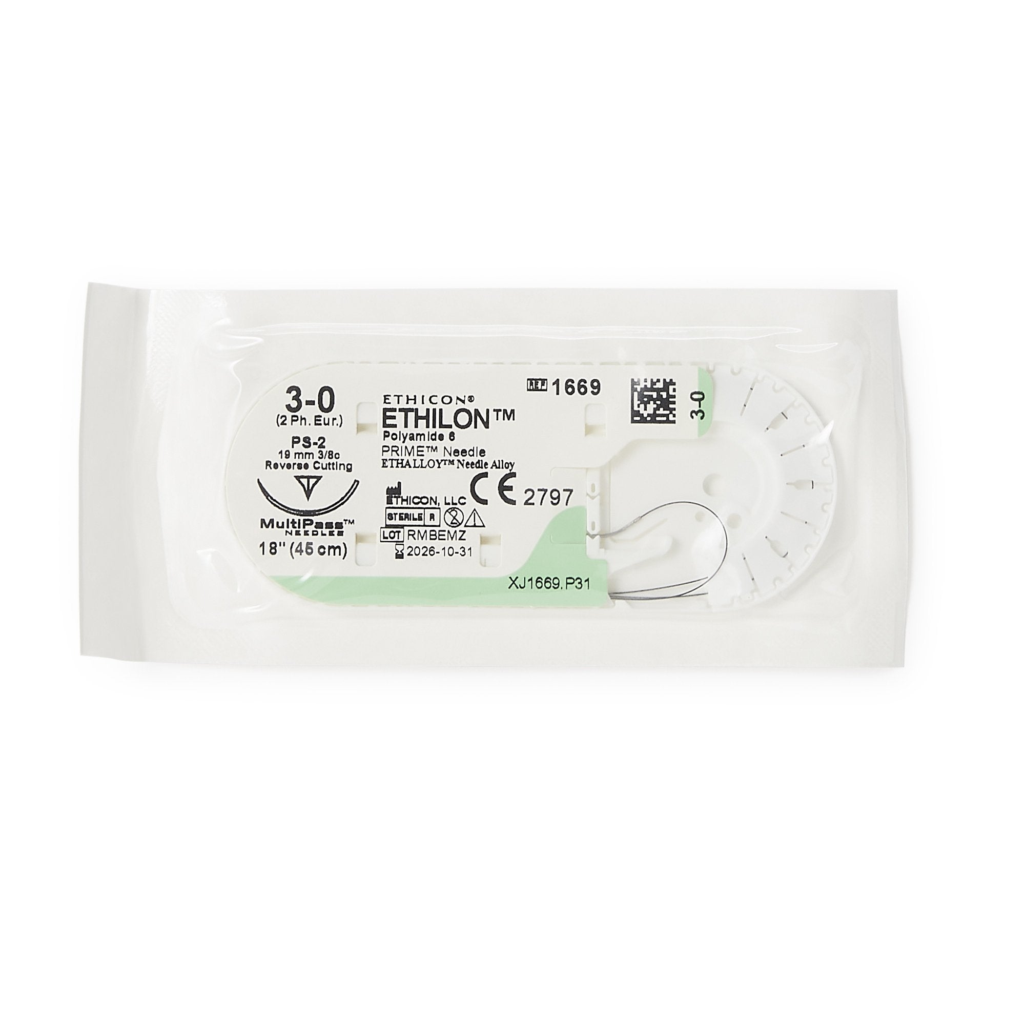 Nonabsorbable Suture with Needle Ethilon Nylon PS-2 3/8 Circle Precision Reverse Cutting Needle Size 3-0 Monofilament