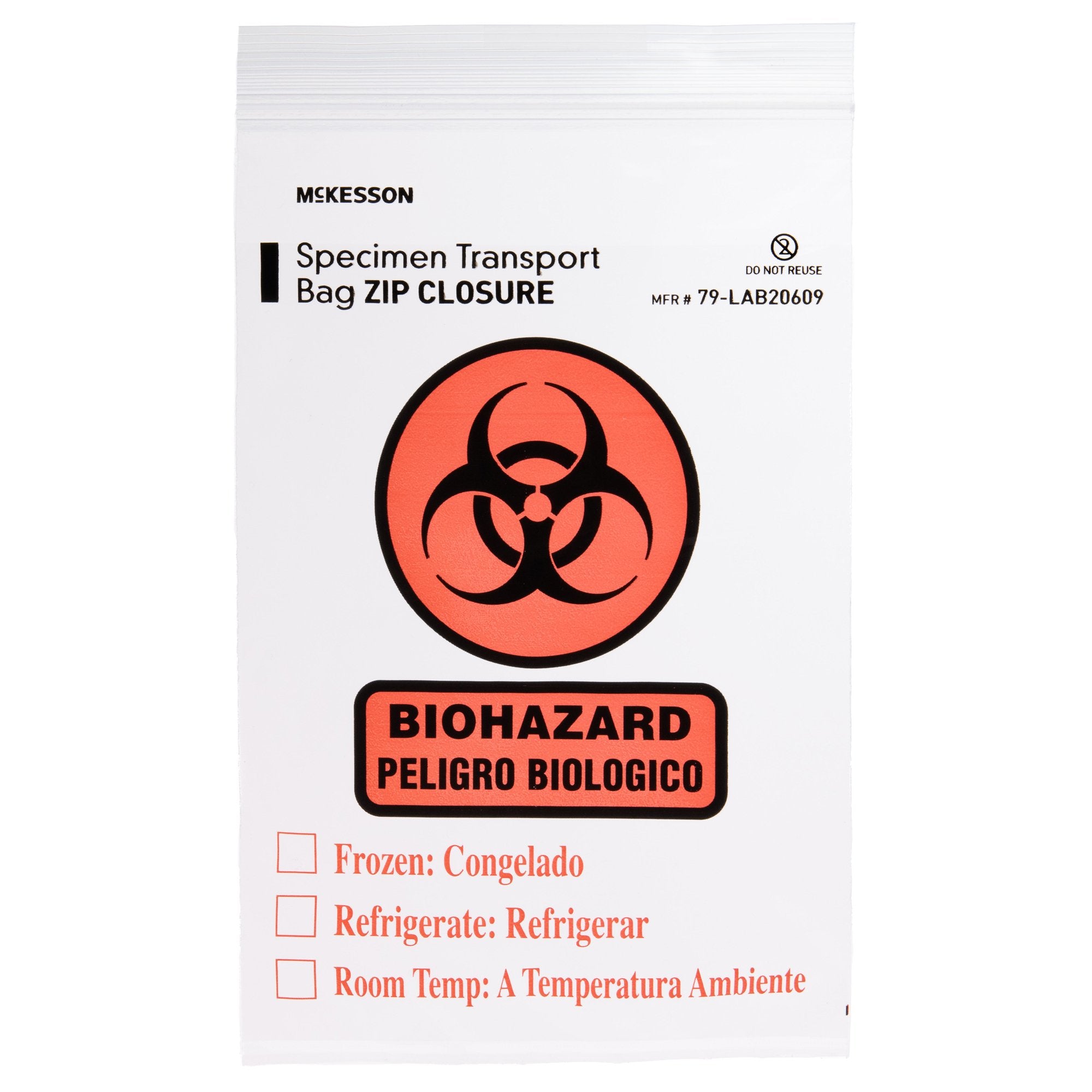 Specimen Transport Bag with Document Pouch McKesson 6 X 9 Inch Zip Closure Biohazard Symbol / Storage Instructions NonSterile, Packaging Type- Each