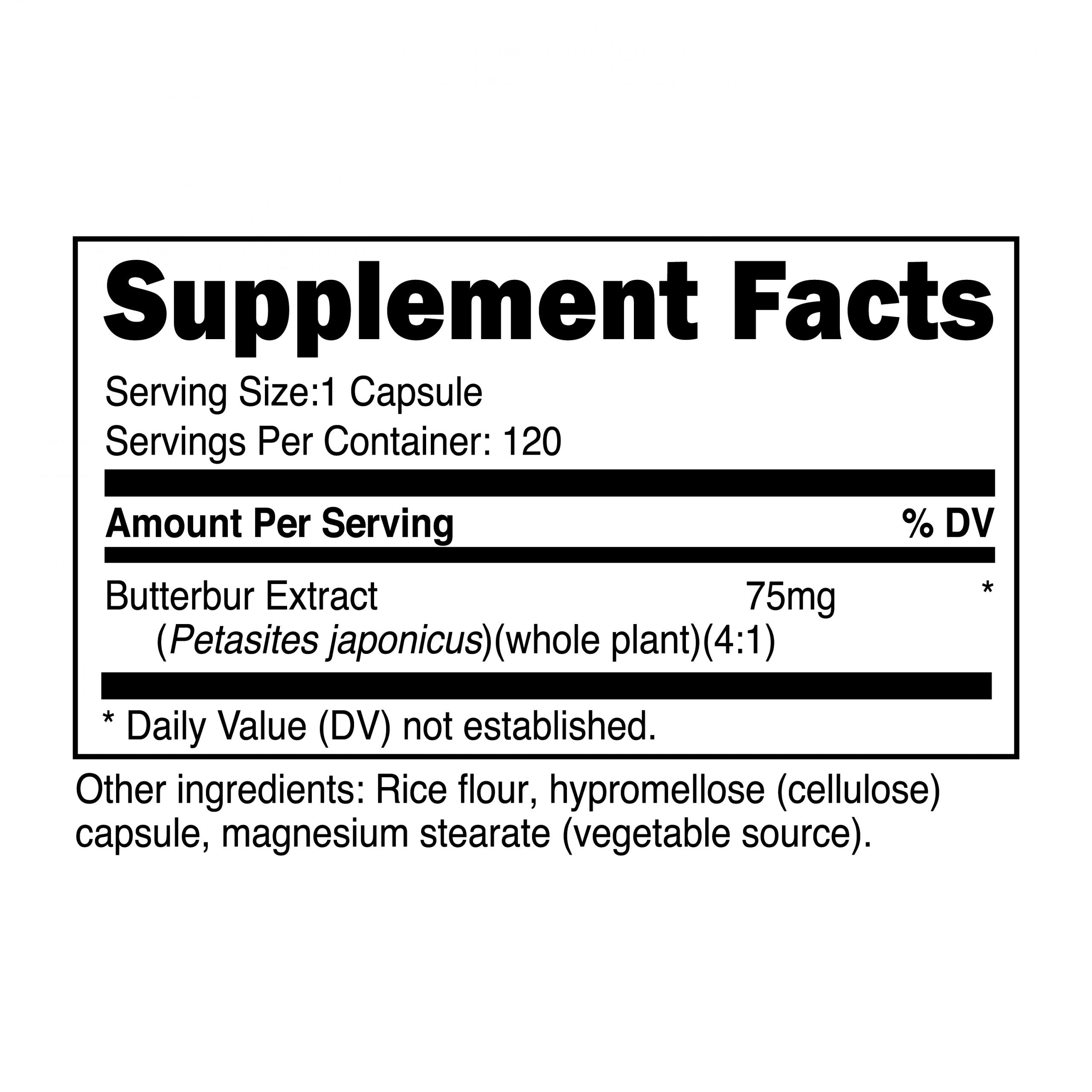 Butterbur Extract Capsules (75Mg) 120 Capsules   Gluten Free and Non Gmo Supplement