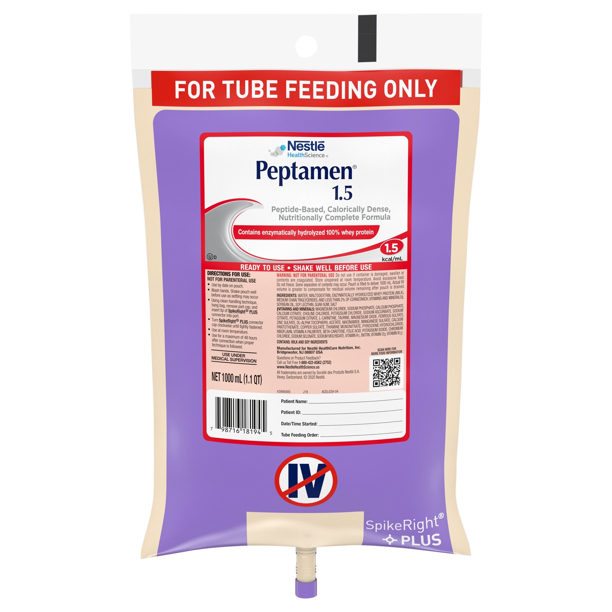 Tube Feeding Formula Peptamen 1.5 Unflavored Liquid 1000 mL Ready to Hang Prefilled Container, Packaging Type- Case