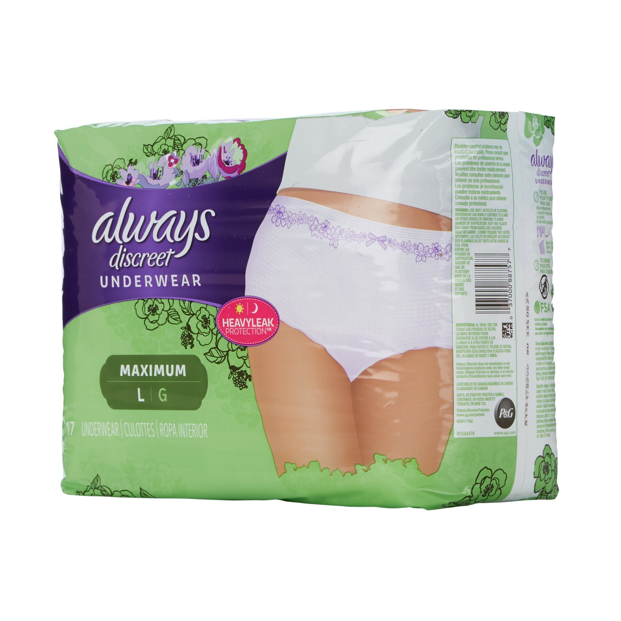 Female Adult Absorbent Underwear Always Discreet Pull On with Tear Away Seams Large Disposable Heavy Absorbency, Packaging Type- Case