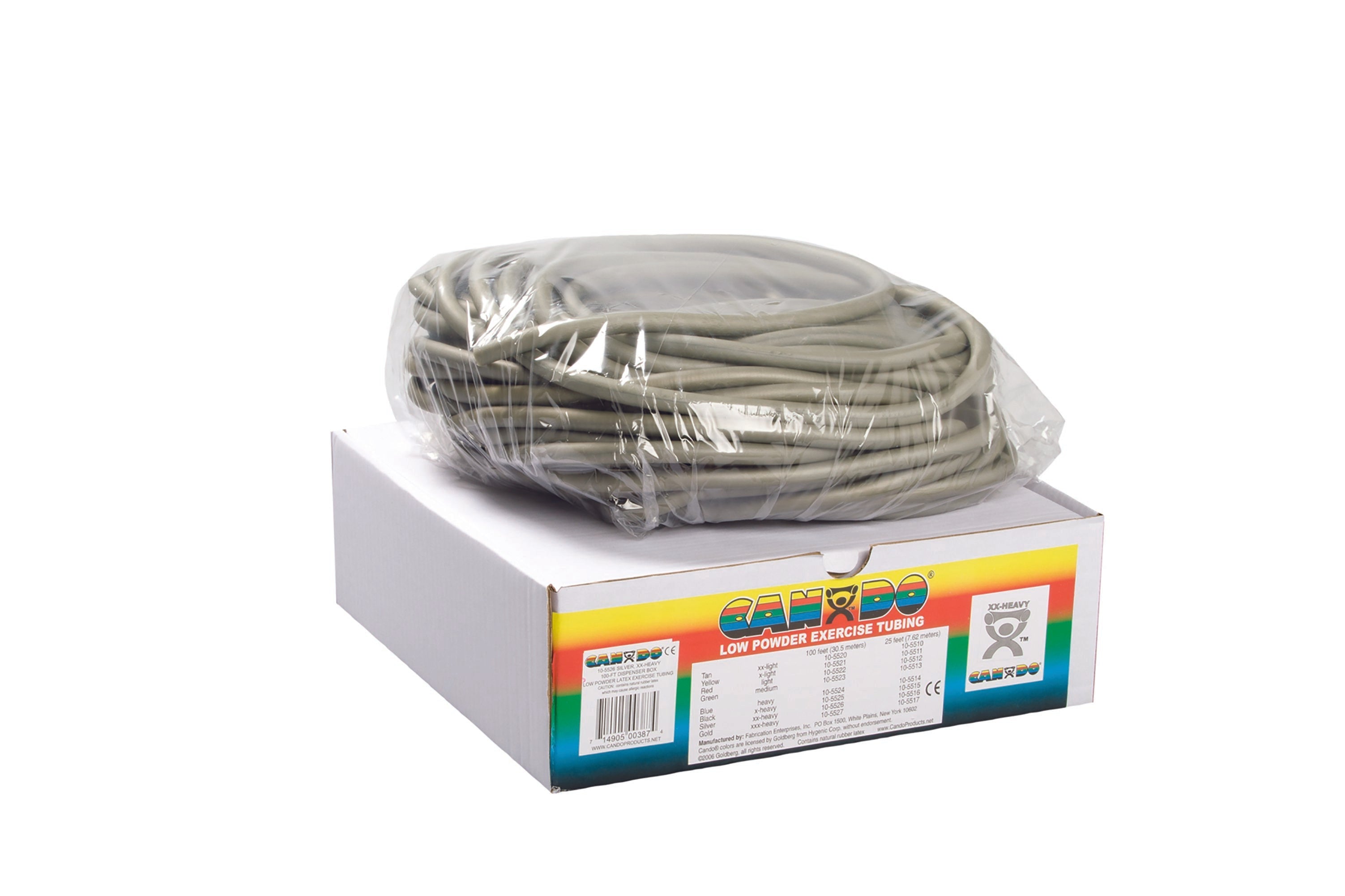 Exercise Resistance Tubing CanDo Low Powder Silver 100 Foot Length 2X Heavy Resistance