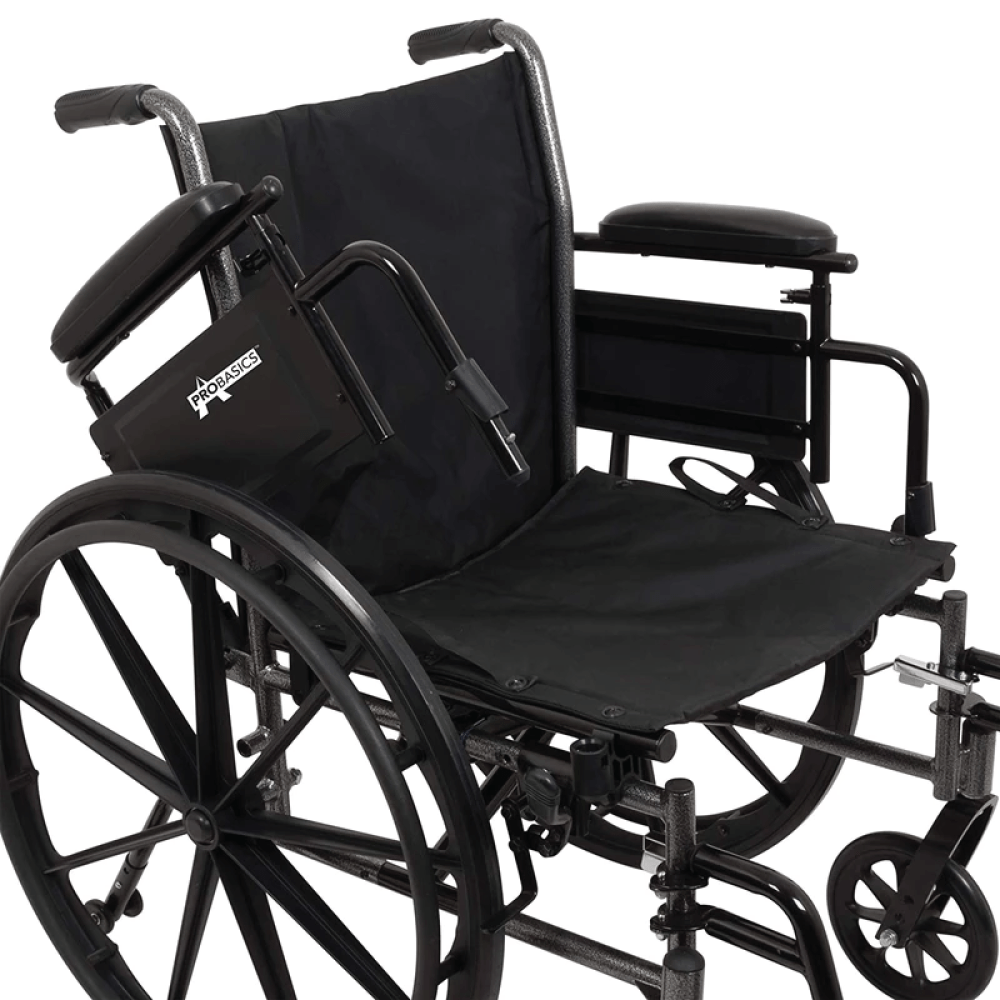 Probasics K3 Lightweight Wheelchair with flip-back height adjustable arms and swing-away or elevating padded leg rests. ,Large 24" rear wheels Wheels ,300 lbs Weight Capacity ,16" x 16" ,WC31616DE