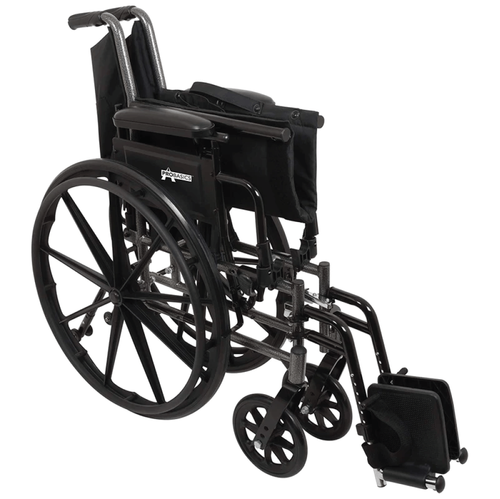 Probasics K3 Lightweight Wheelchair with flip-back height adjustable arms and swing-away or elevating padded leg rests. ,Large 24" rear wheels Wheels ,300 lbs Weight Capacity ,16" x 16" ,WC31616DE