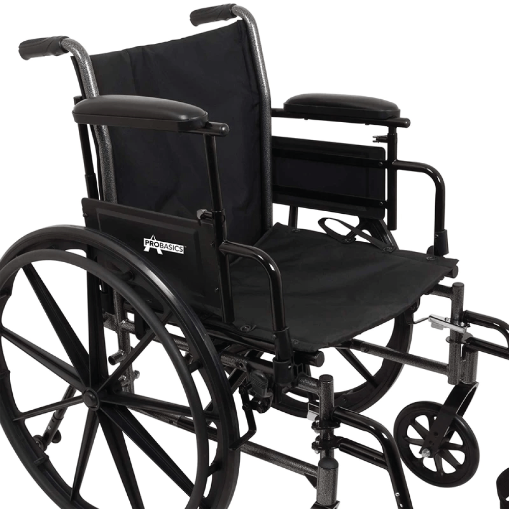 Probasics K3 Lightweight Wheelchair with flip-back height adjustable arms and swing-away or elevating padded leg rests. ,Large 24" rear wheels Wheels ,300 lbs Weight Capacity ,16" x 16" ,WC31616DE