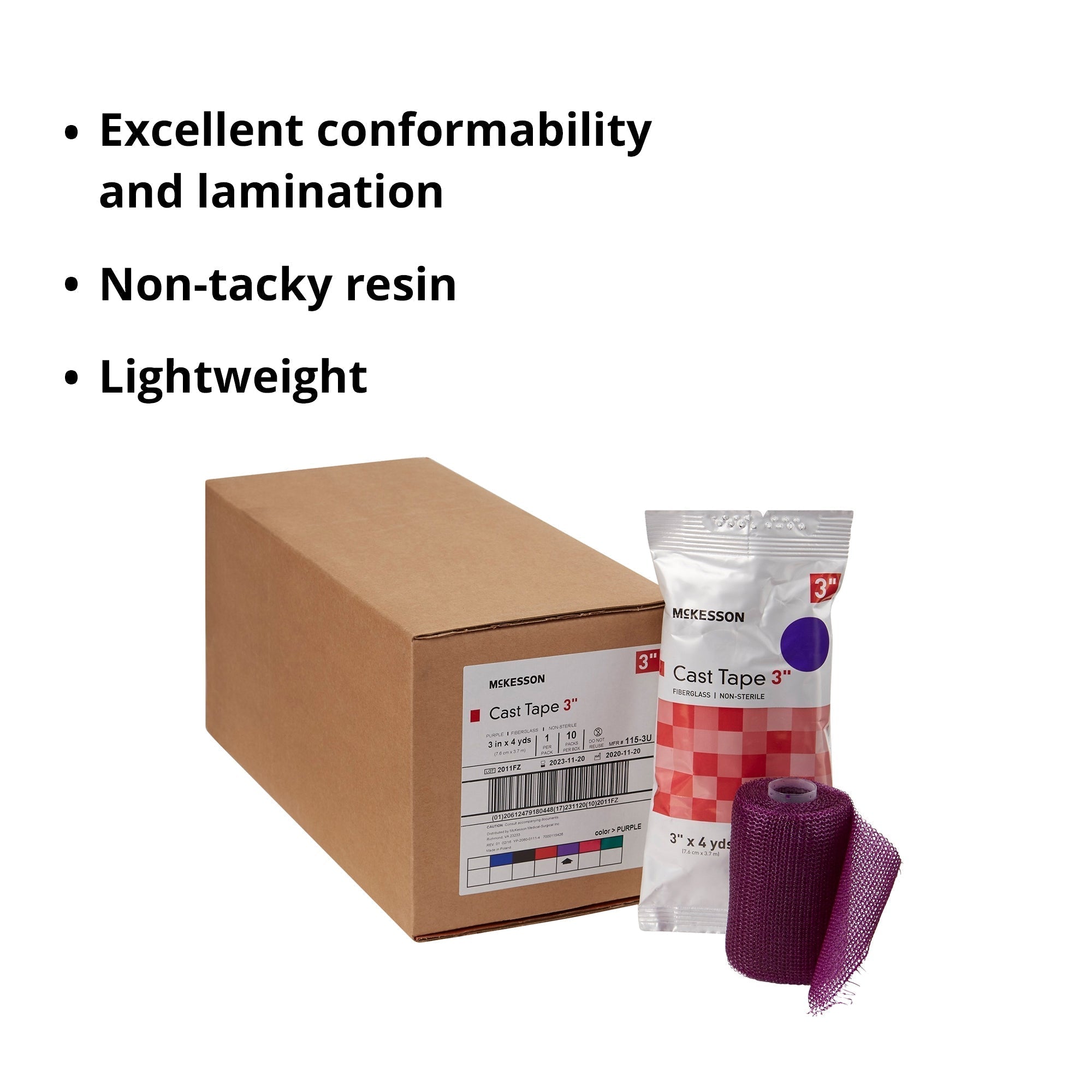 cast tape mckesson 3 inch x 12 foot fiberglass purple packaging type box