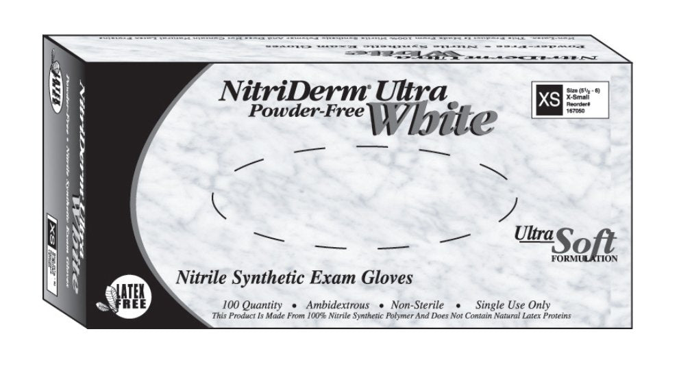 Exam Glove NitriDerm Ultra White Small NonSterile Nitrile Standard Cuff Length Fully Textured White Not Rated, Packaging Type- Box