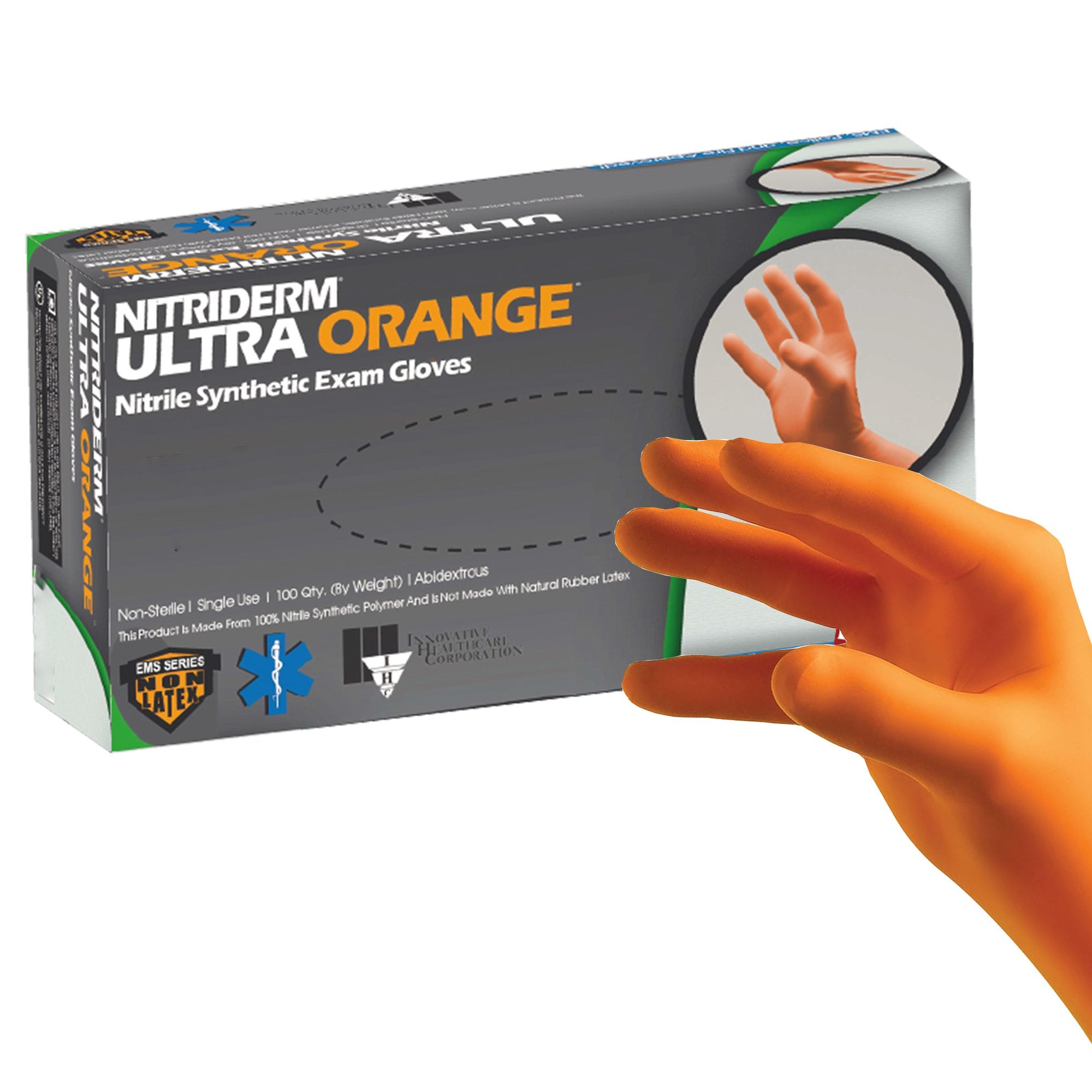 Exam Glove NitriDerm Ultra Orange Large NonSterile Nitrile Standard Cuff Length Fully Textured Orange Fentanyl Tested, Packaging Type- Box