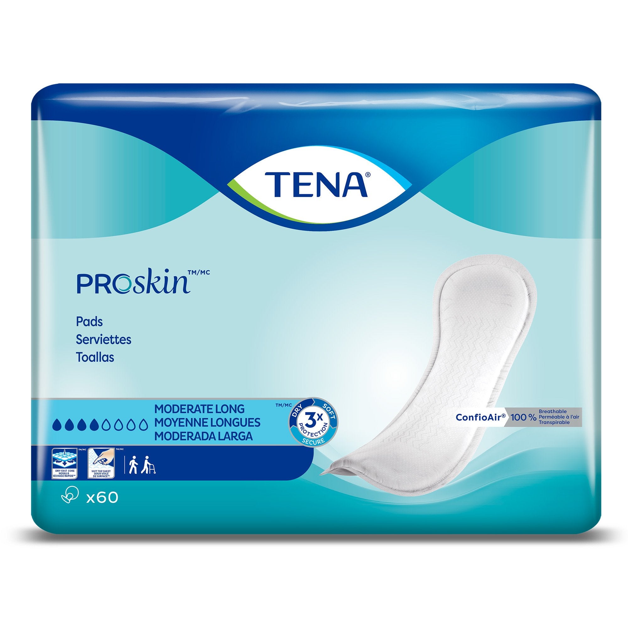 Bladder Control Pad TENA ProSkin Moderate Long 12 Inch Length Moderate Absorbency Dry-Fast Core One Size Fits Most, Packaging Type- Case