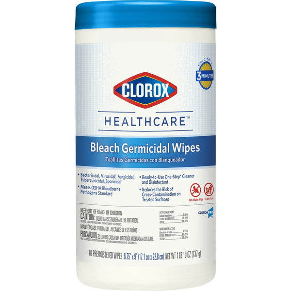 Clorox Healthcare Surface Disinfectant Cleaner Premoistened Bleach Germicidal Manual Pull Wipe 70 Count Canister Chlorine Scent NonSterile