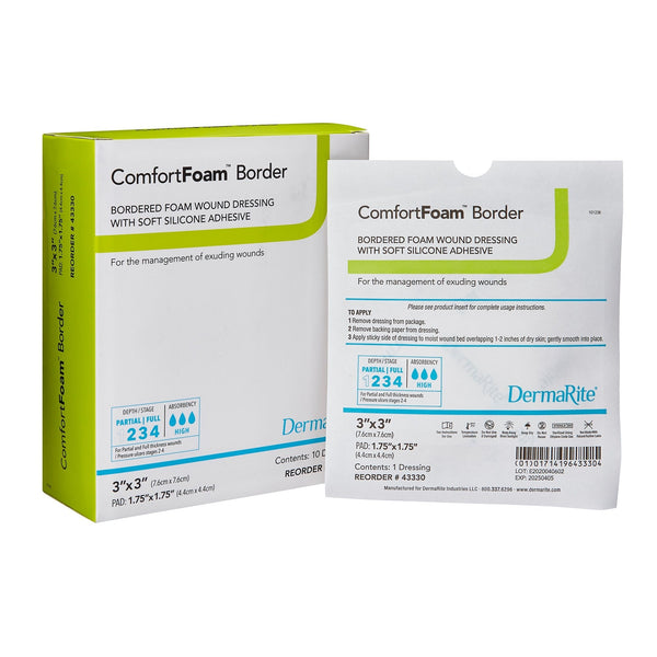 Foam Dressing ComfortFoam Border 3 X 3 Inch With Border Waterproof Backing Silicone Adhesive Square Sterile