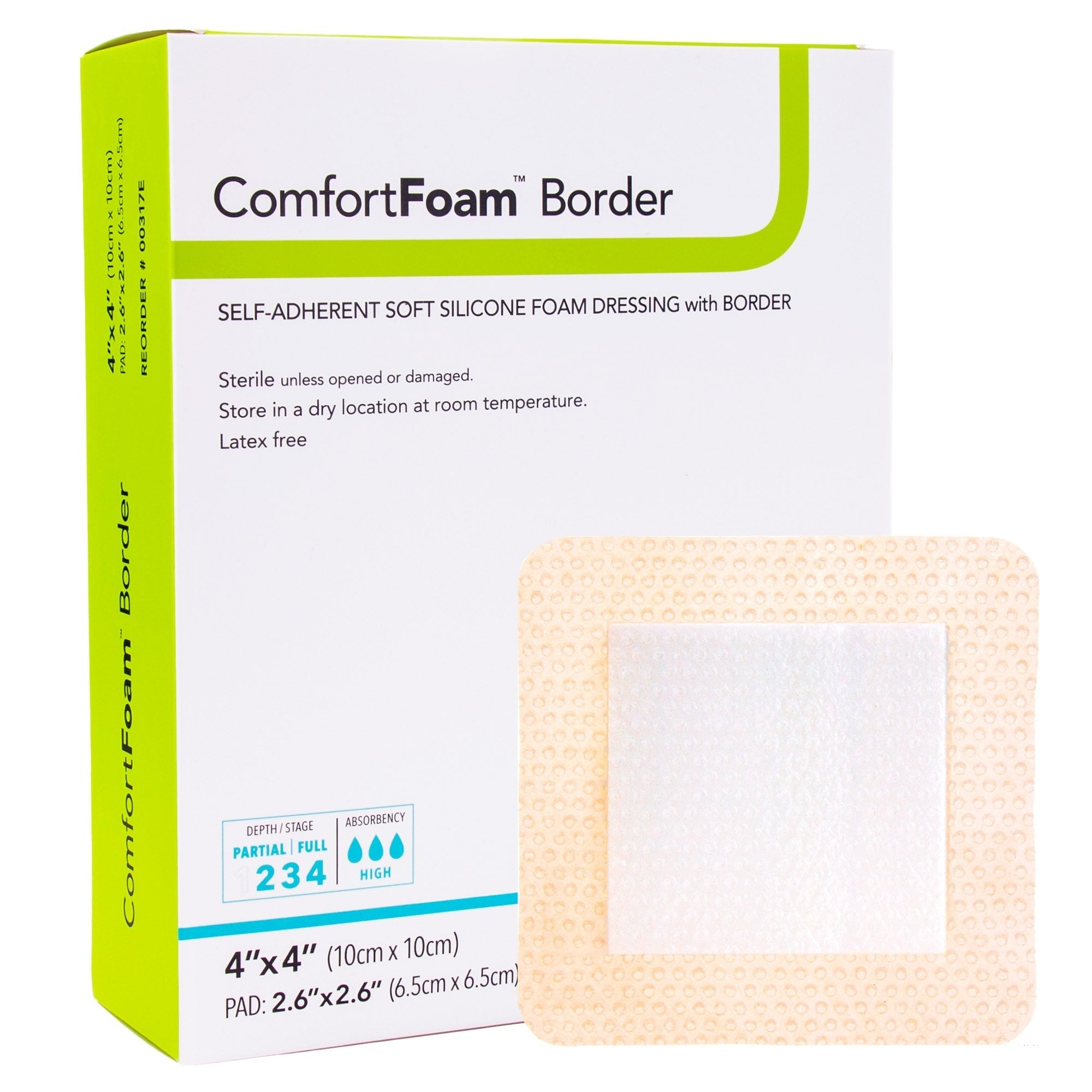 Foam Dressing ComfortFoam Border 4 X 4 Inch With Border Waterproof Backing Silicone Adhesive Square Sterile