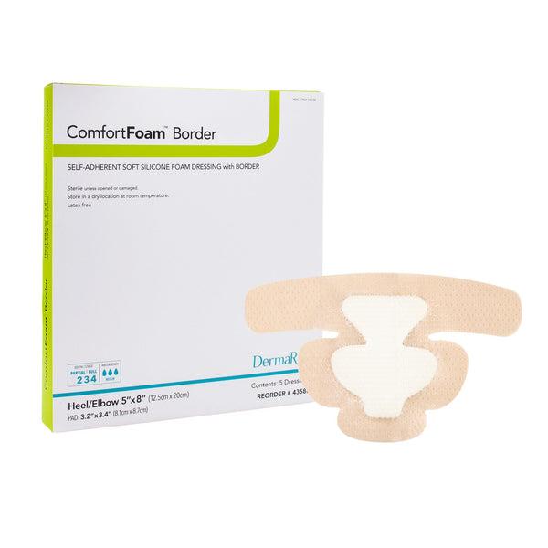 Foam Dressing ComfortFoam Border 5 X 8 Inch With Border Waterproof Backing Silicone Adhesive Elbow / Heel Sterile