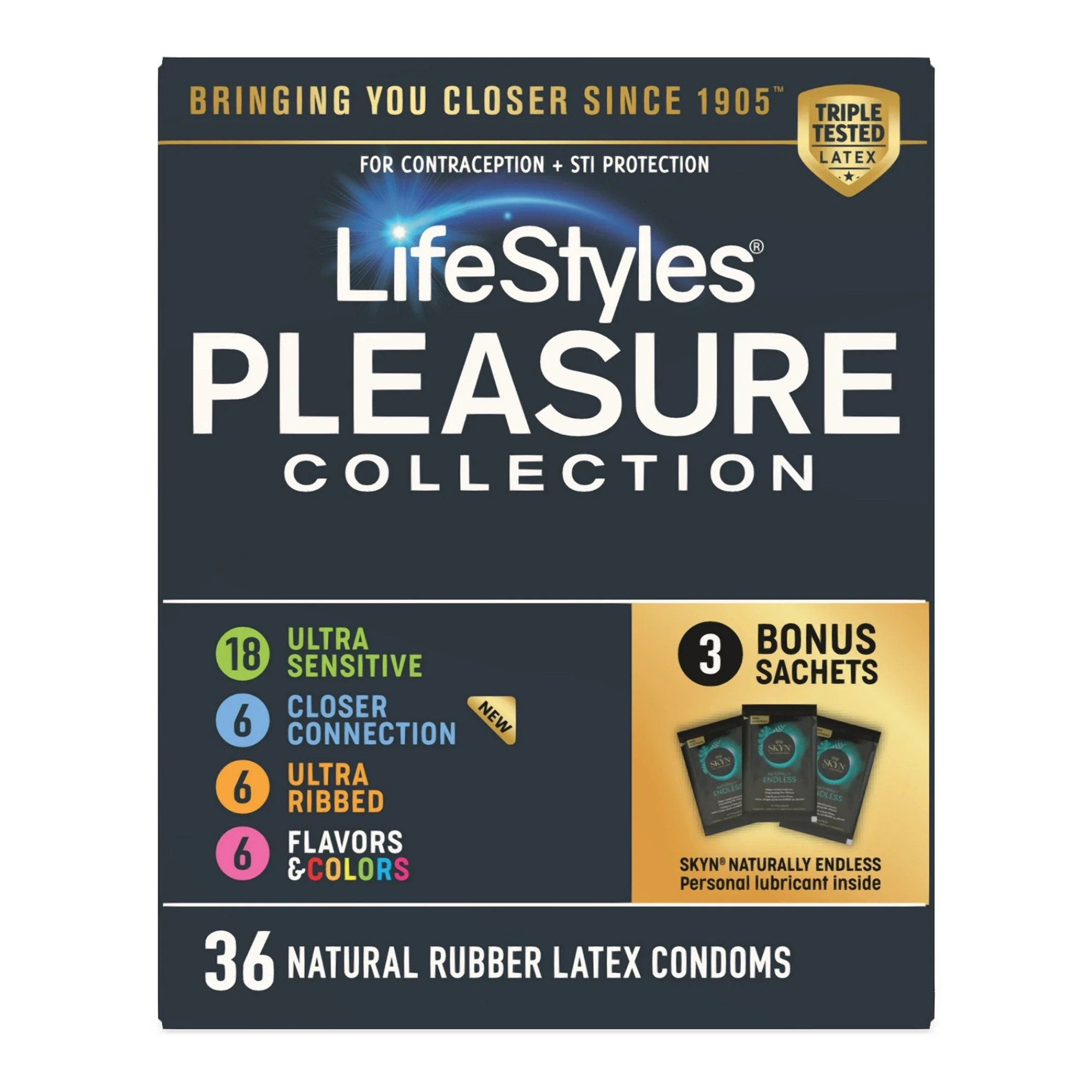 Condom Variety Pack Lifestyles Pleasure Collection Lubricated One Size Fits Most 36 Per Box