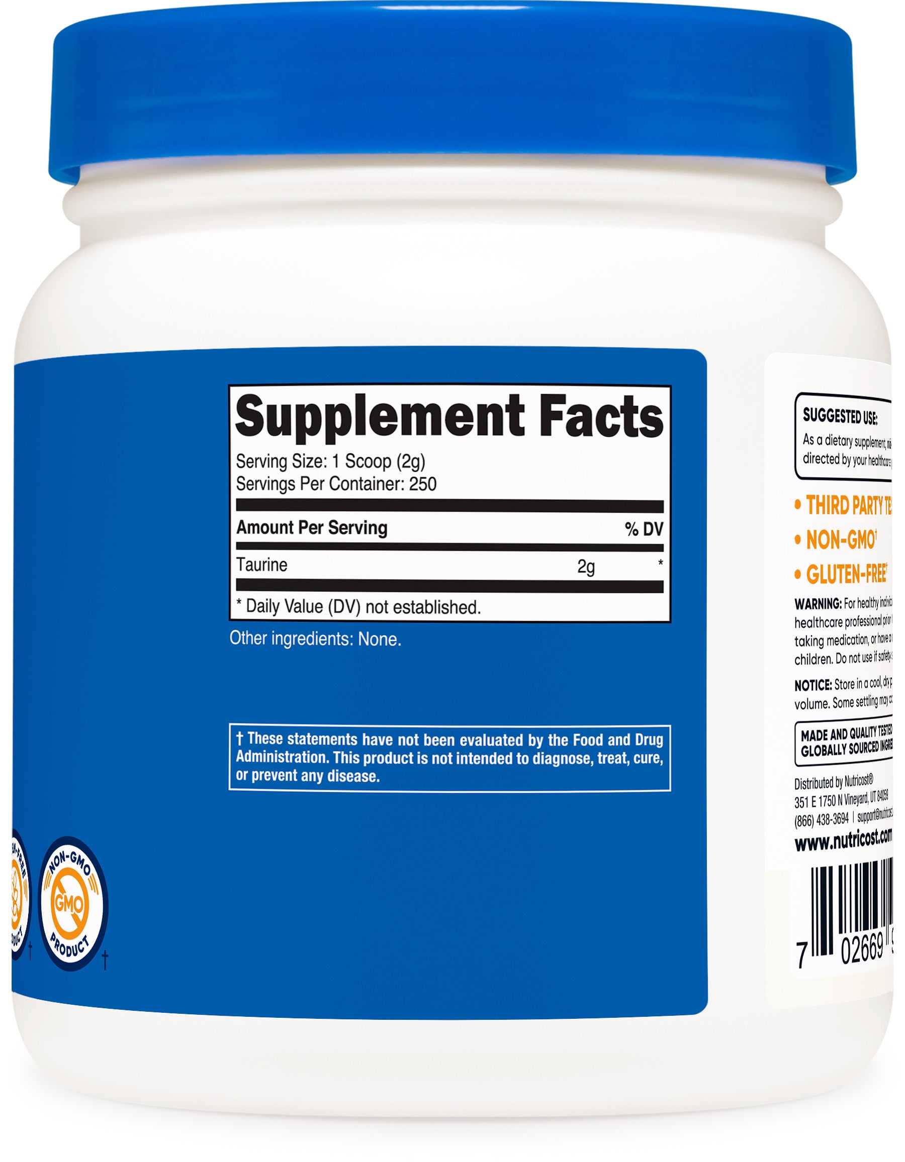 Taurine Supplement Powder 500 Grams, 250 Servings