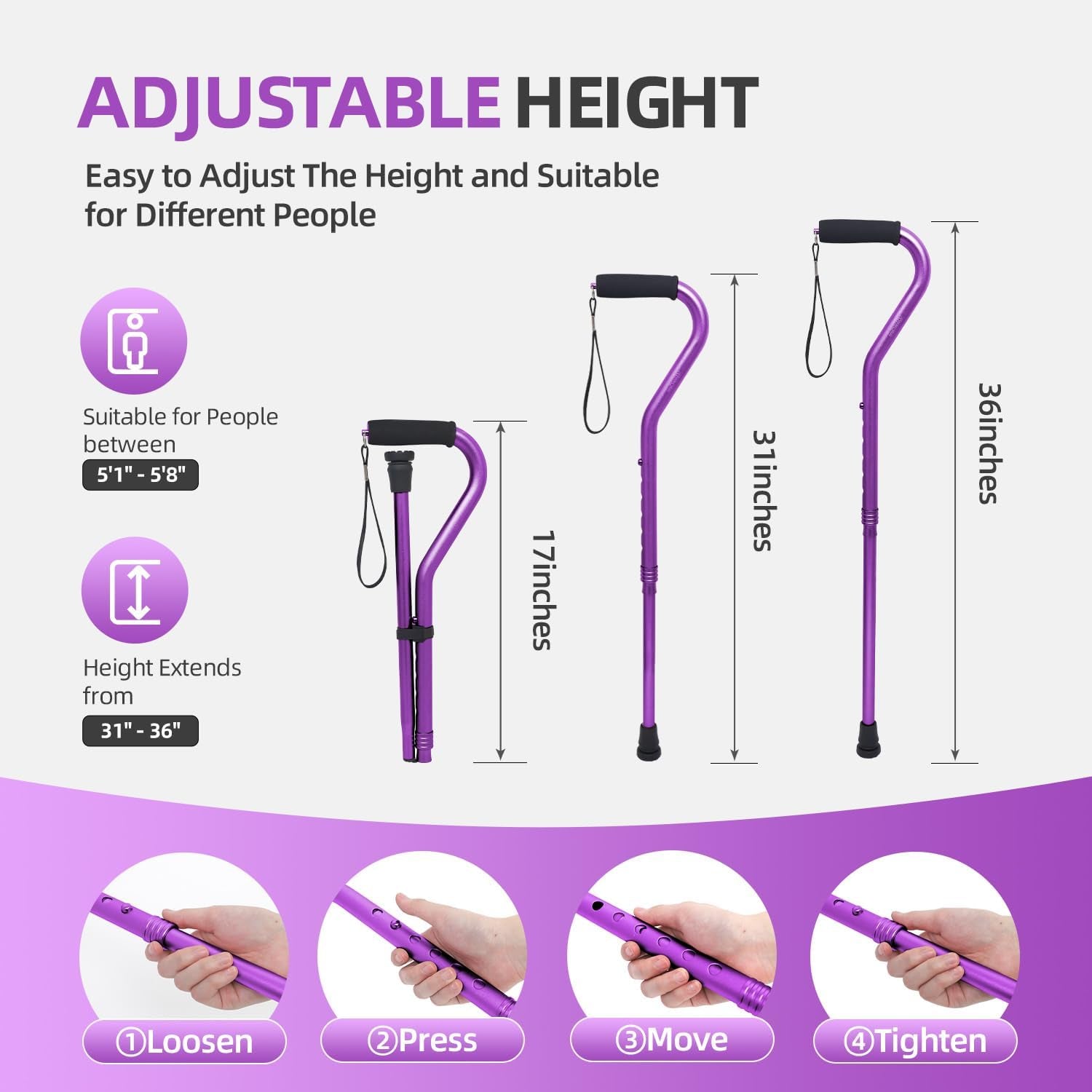 Walking Cane for Men & Women Adjustable Cane with Offset Soft Cushioned Handle -Portable Lightweight Sturdy Mobility Walker Aid for Elderly, Seniors Collapsible Cane