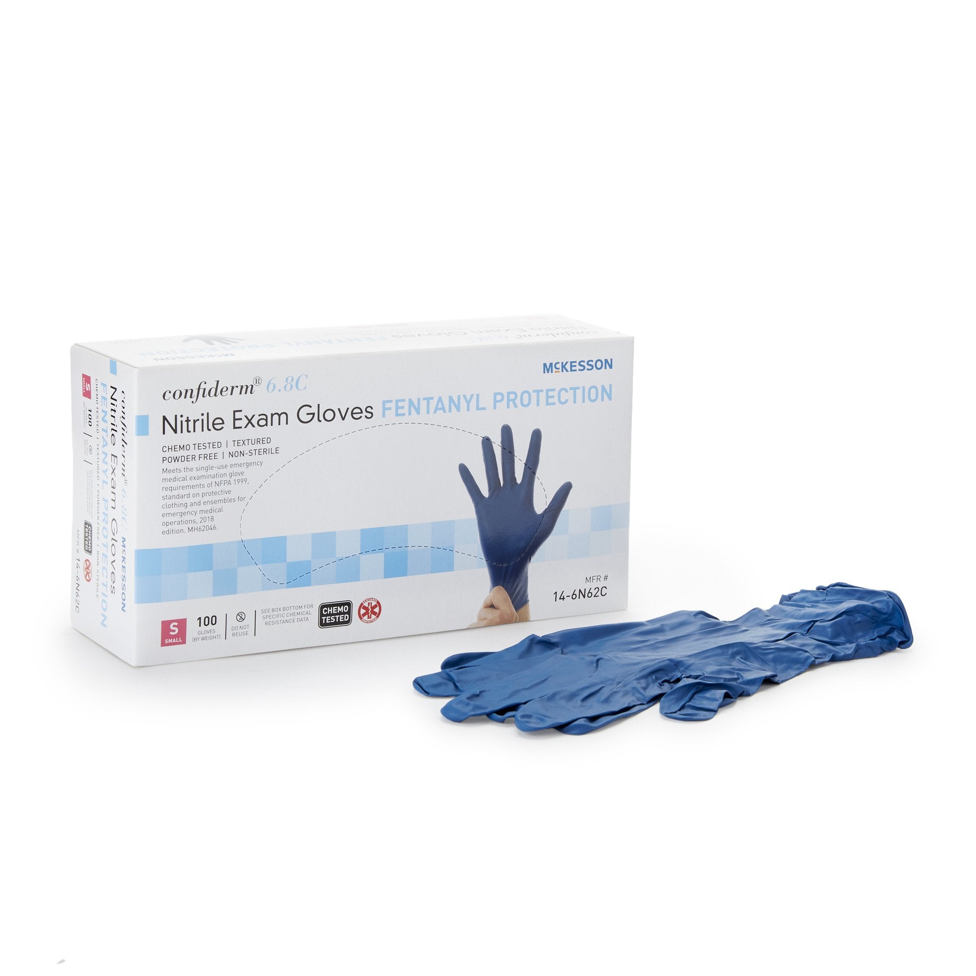 Exam Glove McKesson Confiderm 6.8C Small NonSterile Nitrile Standard Cuff Length Textured Fingertips Blue Chemo Tested / Fentanyl Tested, Packaging Type- Case