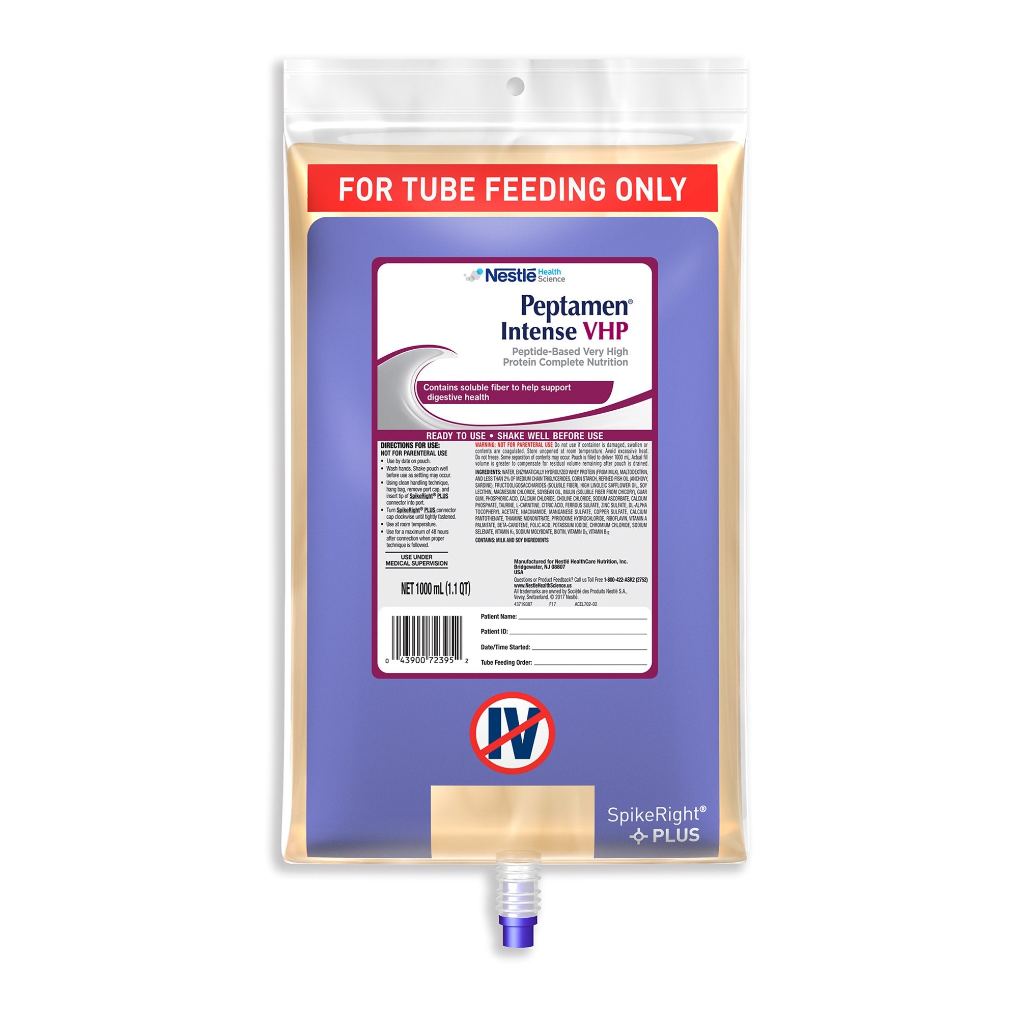 Tube Feeding Formula Peptamen Intense VHP Unflavored Liquid 1000 mL Ready to Hang Prefilled Container