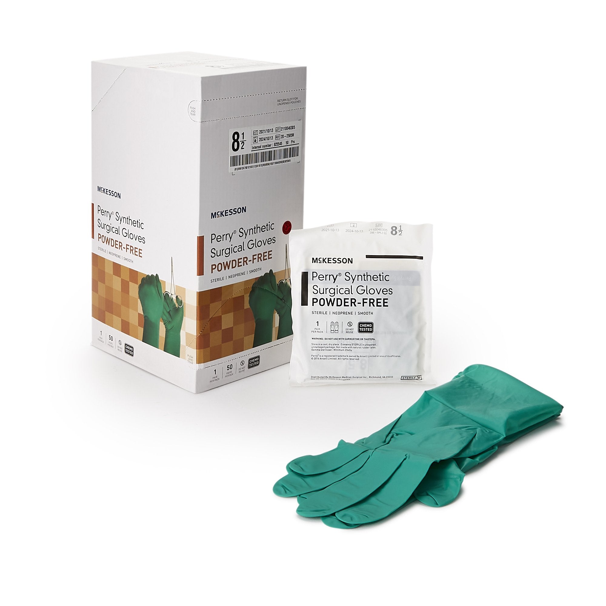 Surgical Glove McKesson Perry Performance Plus Size 8.5 Sterile Polychloroprene Standard Cuff Length Smooth Dark Green Chemo Tested, Packaging Type- Case