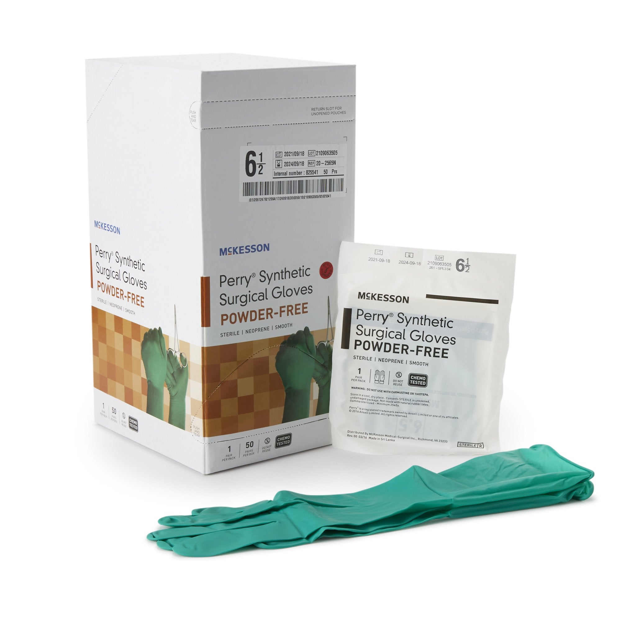 Surgical Glove McKesson Perry Performance Plus Size 6.5 Sterile Polychloroprene Standard Cuff Length Smooth Dark Green Chemo Tested, Packaging Type- Case