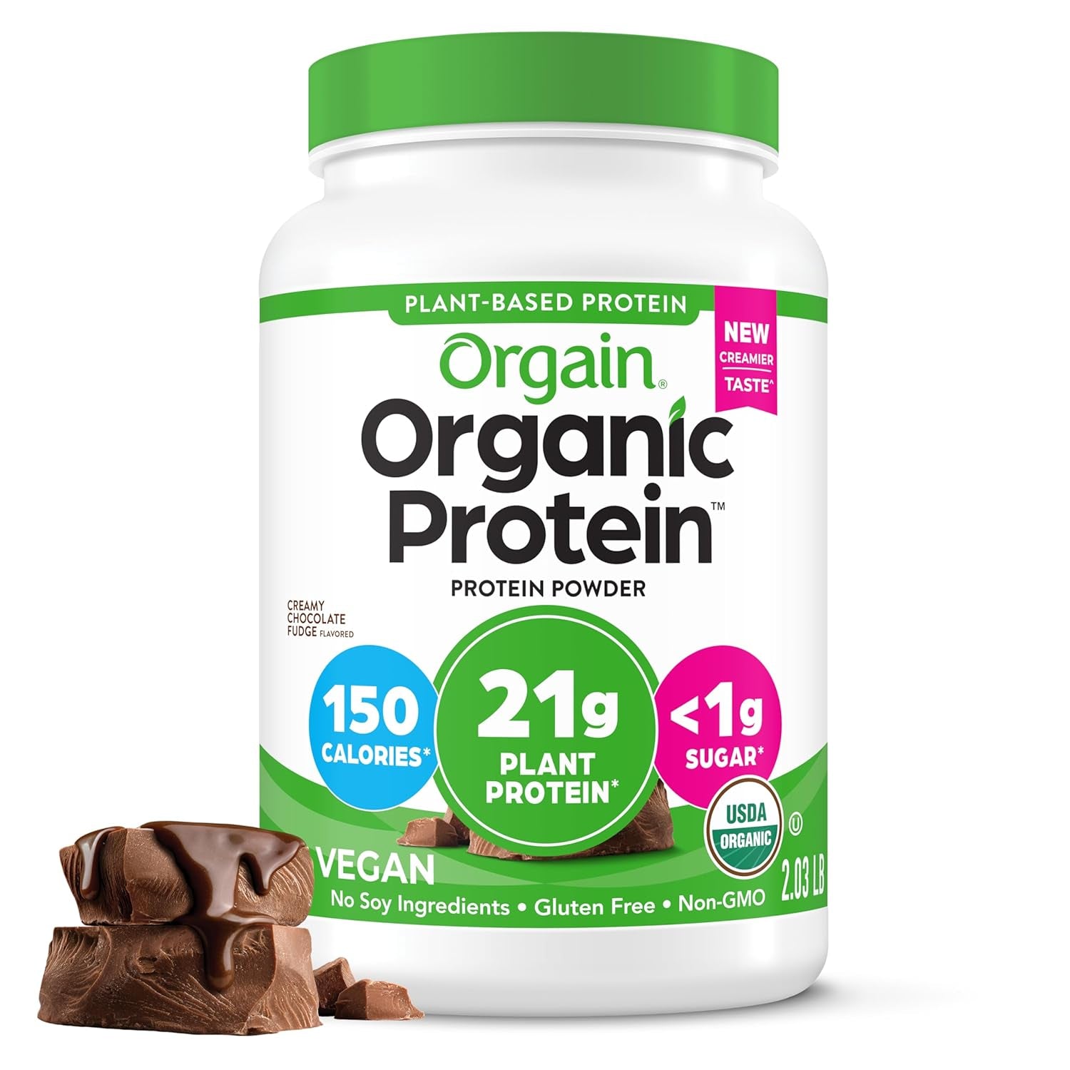 Organic Vegan Protein Powder, Creamy Chocolate Fudge - 21G Plant Protein, 7G Prebiotic Fiber, Low Net Carb, No Lactose Ingredients, No Added Sugar, Non-Gmo, for Shakes & Smoothies, 2.03 Lb