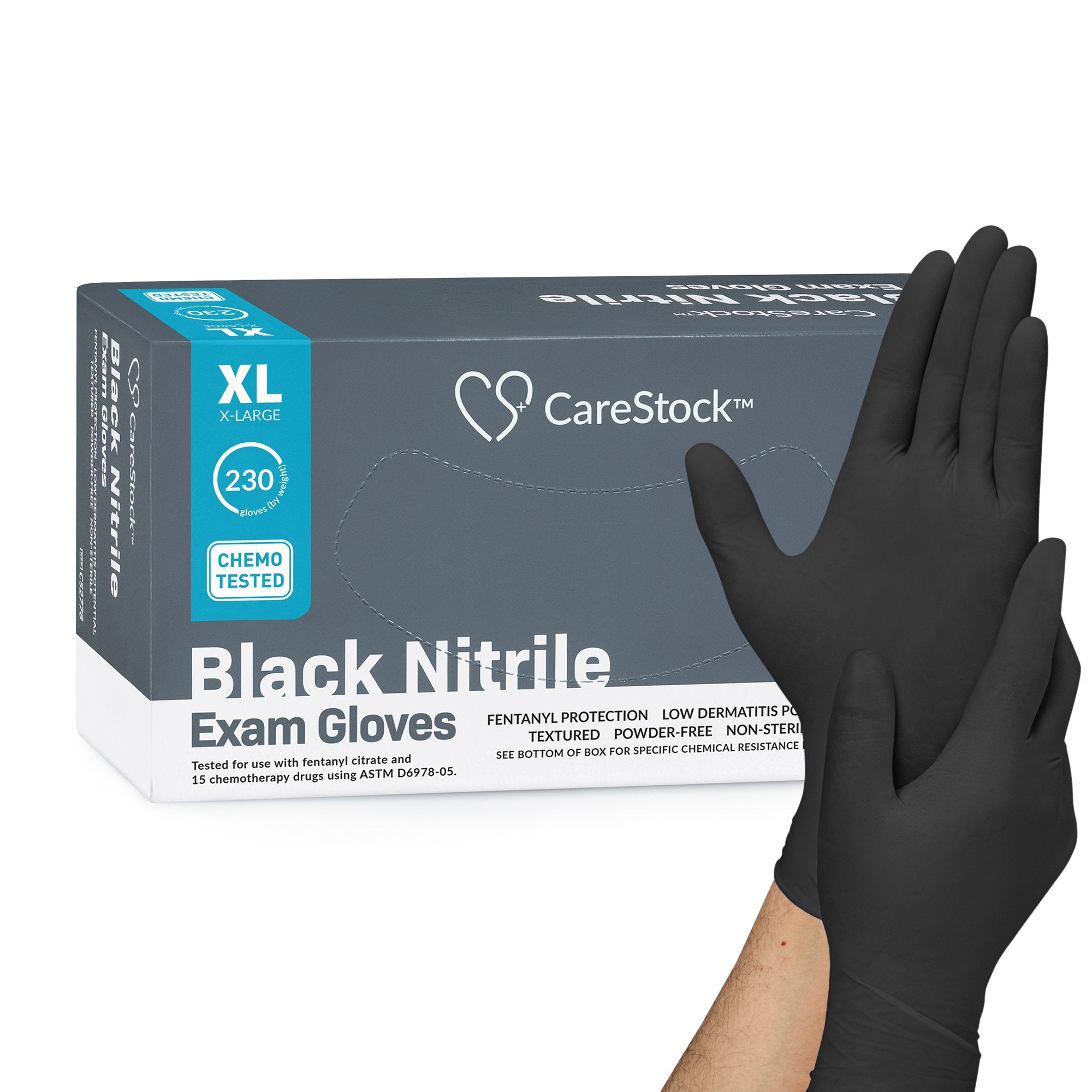 Exam Glove CareStock X-Large NonSterile Nitrile Standard Cuff Length Fully Textured Black Not Rated, Packaging Type- Box