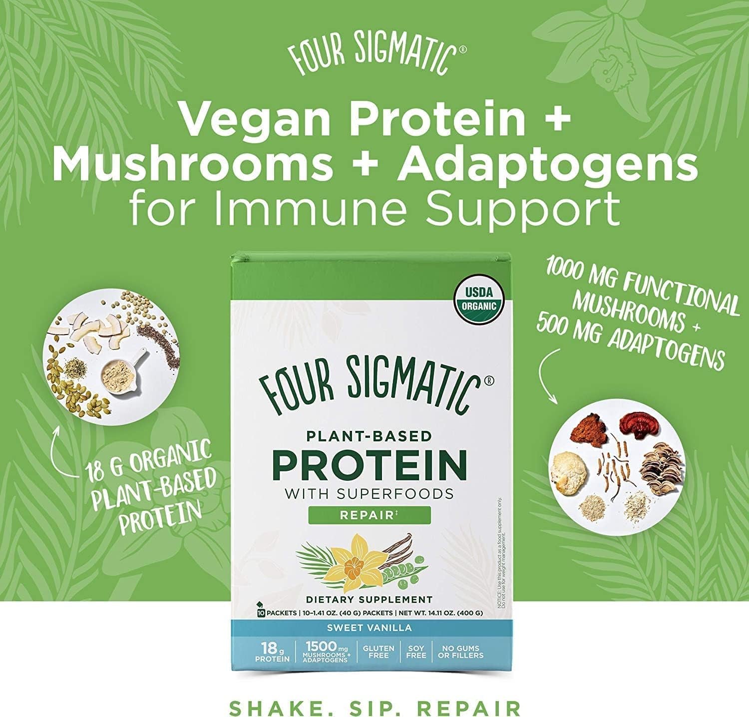 Superfood Organic Plant-Based Vegan Protein Powder Chaga Mushroom & Ashwagandha | Supports Immune Function and Muscle Repair | Packets | Sweet Vanilla | 1.41 Oz (Pack of 10)