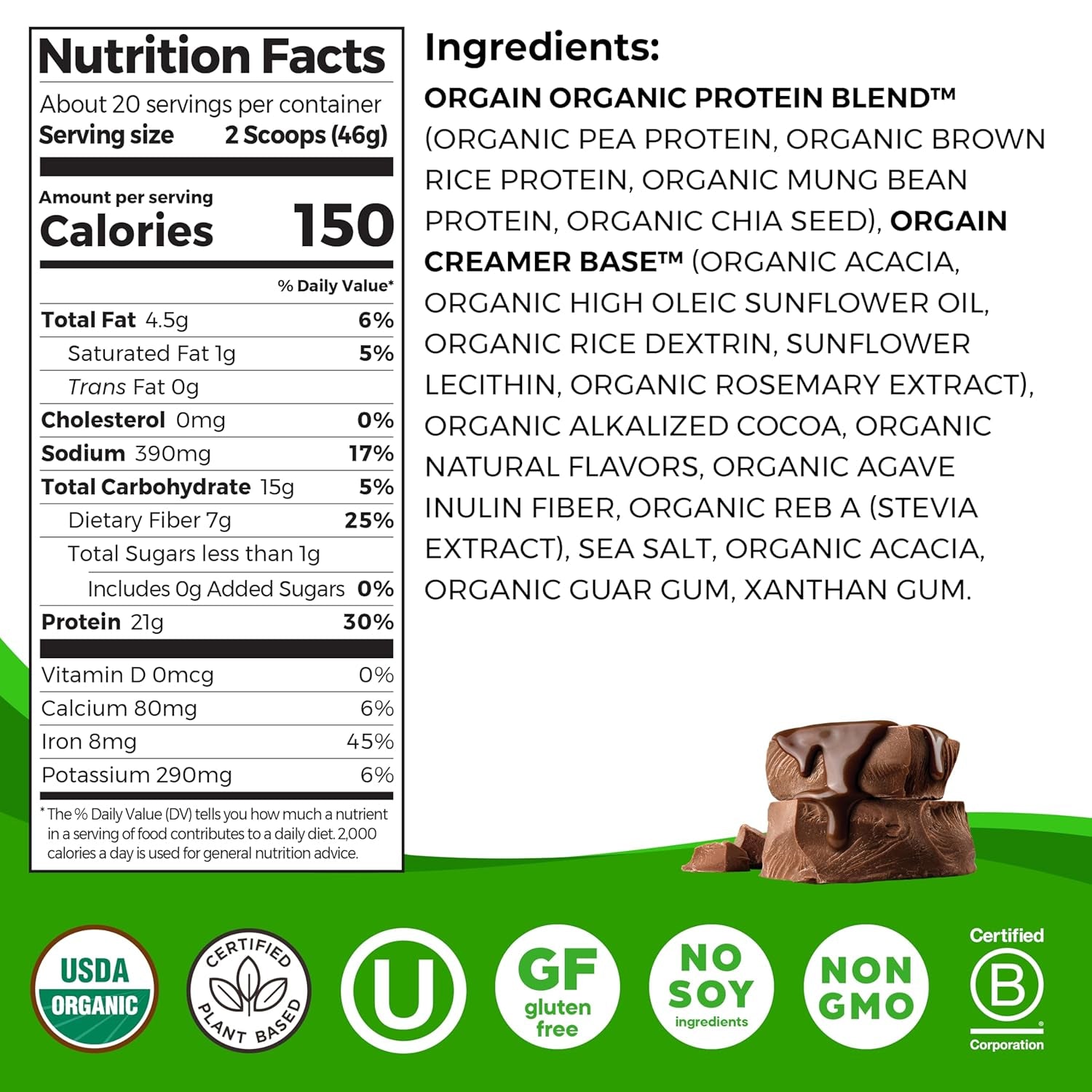 Organic Vegan Protein Powder, Creamy Chocolate Fudge - 21G Plant Protein, 7G Prebiotic Fiber, Low Net Carb, No Lactose Ingredients, No Added Sugar, Non-Gmo, for Shakes & Smoothies, 2.03 Lb