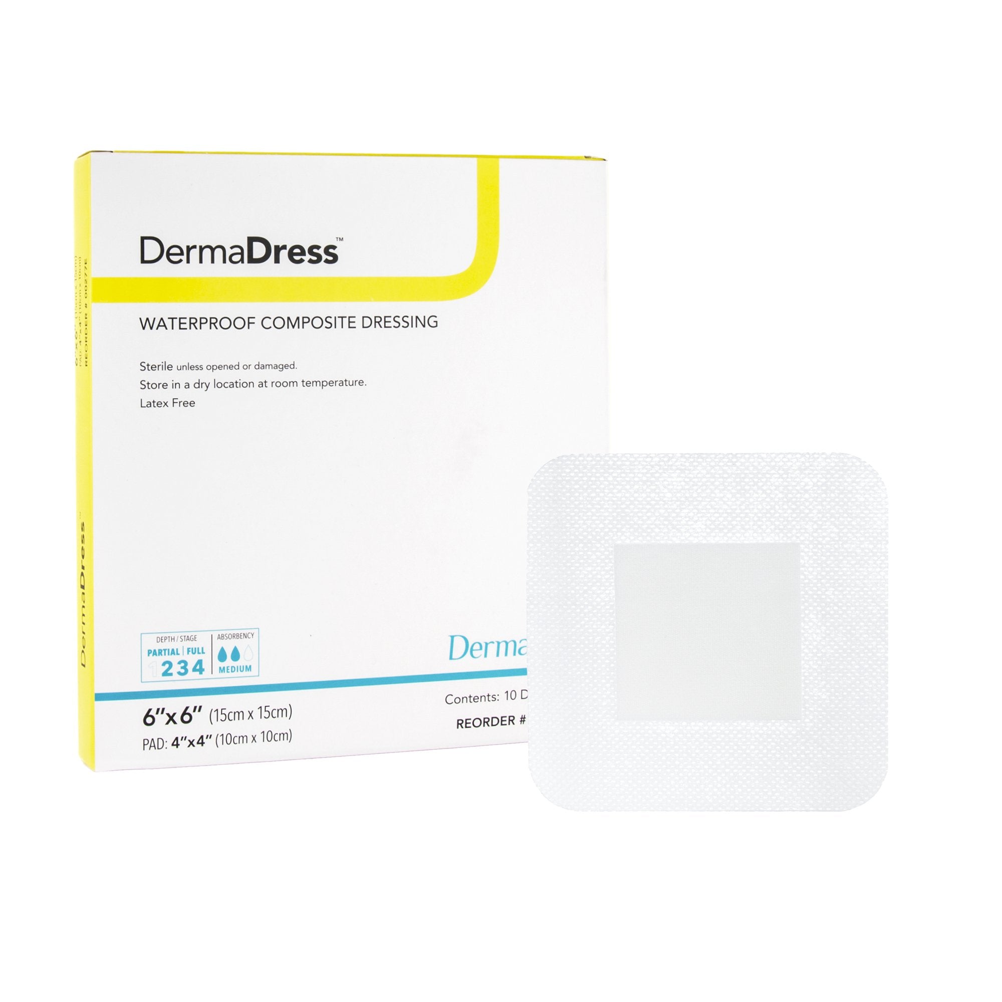 Composite Dressing DermaDress 6 X 6 Inch Square Sterile Waterproof Film Backing