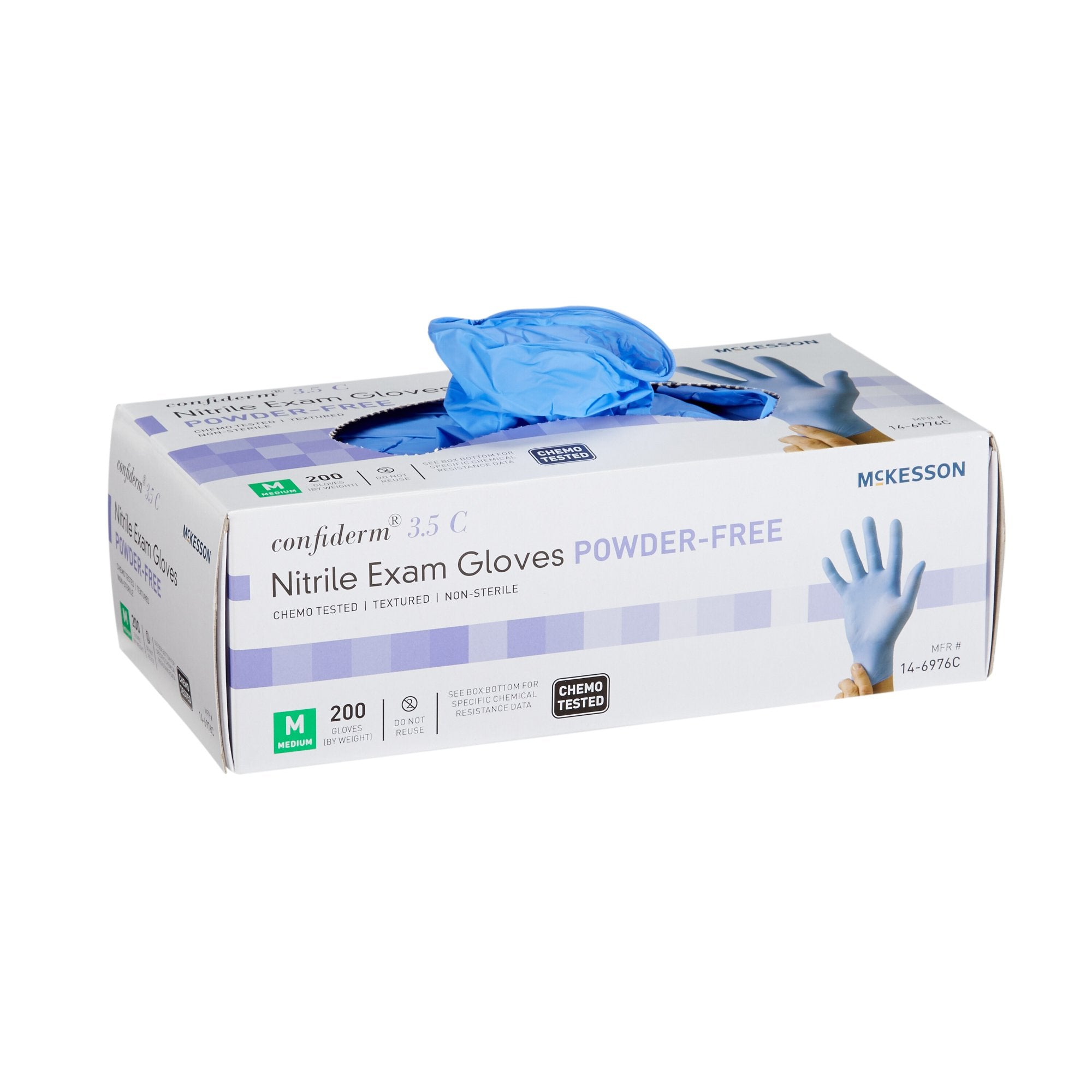 Guante de examen McKesson Confiderm 3.5C mediano, no estéril, de nitrilo, con puño estándar, punta texturizada, color azul, probado para quimioterapia.