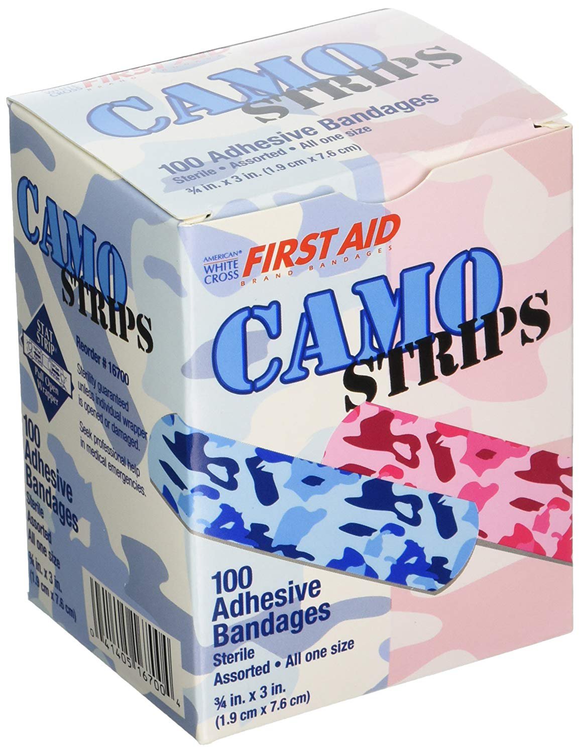 Adhesive Strip American White Cross Stat Strip 3/4 X 3 Inch Plastic Rectangle Kid Design (Blue / Pink Camo) Sterile, Packaging Type- Box