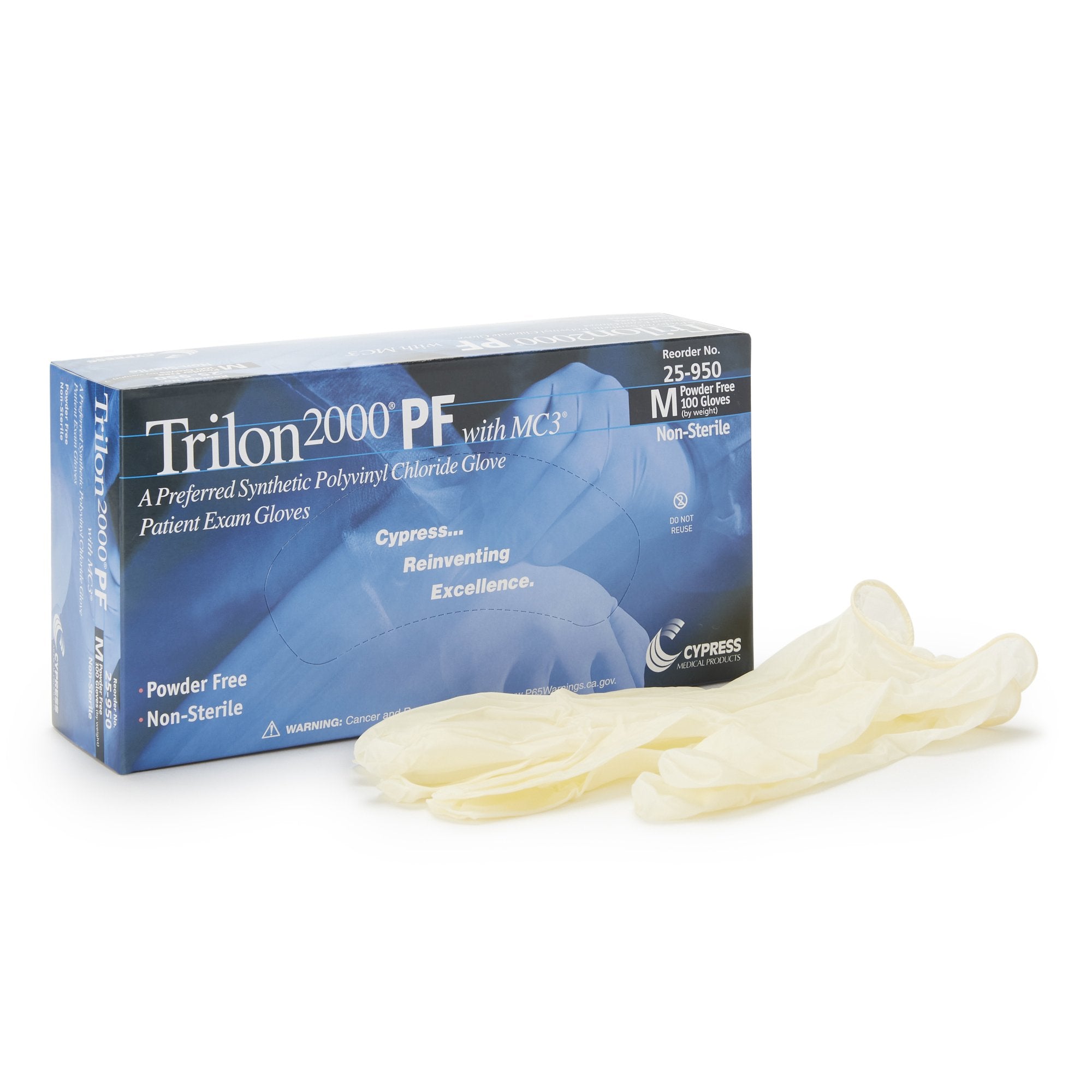 Exam Glove Trilon 2000 PF with MC3 Medium NonSterile Stretch Vinyl Standard Cuff Length Smooth Ivory Not Rated WITH PROP. 65 WARNING, Packaging Type- Box