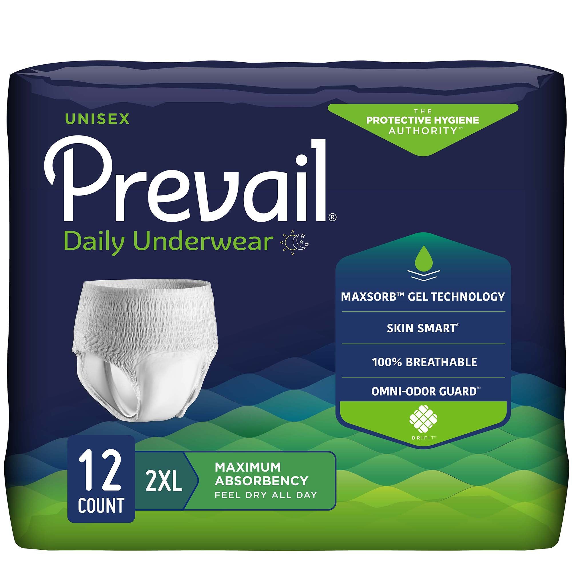 Unisex Adult Absorbent Underwear Prevail Daily Underwear Extra Pull On with Tear Away Seams 2X-Large Disposable Moderate Absorbency, Packaging Type- Case