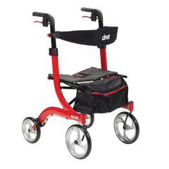 Drive Medical Nitro Rollator Red — three-quarter side view showing aluminum frame, padded seat, and zippered storage pouch
