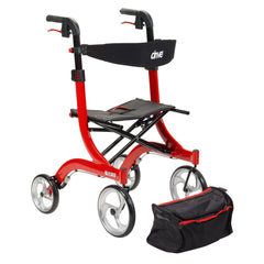 Drive Medical Nitro Rollator Red — rear angle view detailing locking hand brakes, brake cable routing, and 10-inch front casters